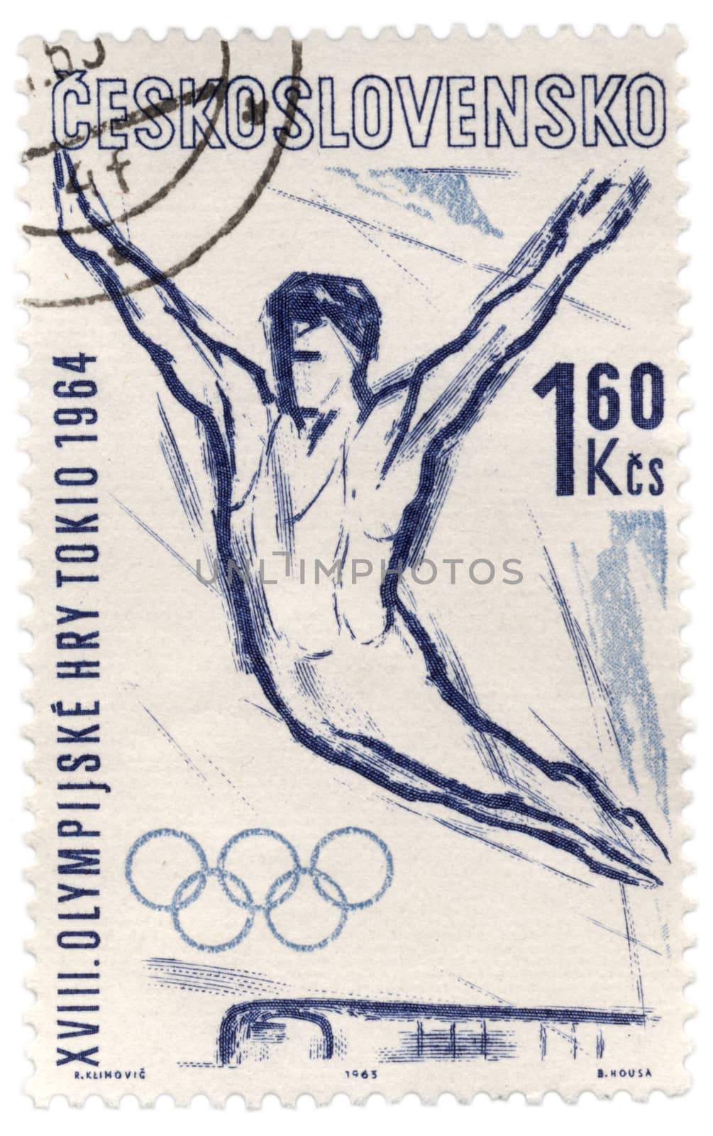 CZECHOSLOVAKIA - CIRCA 1963: A stamp printed in Czechoslovakia, shows flying gymnast, devoted to Olympics in Tokyo, series, circa 1963