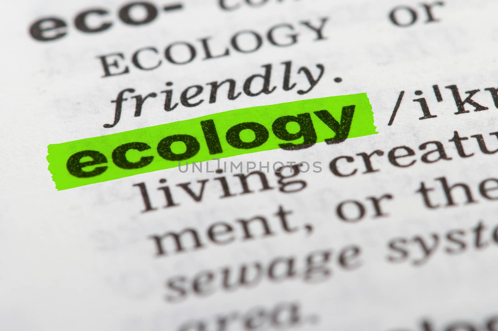 Ecology word highlighted with green marker on dictionary page.