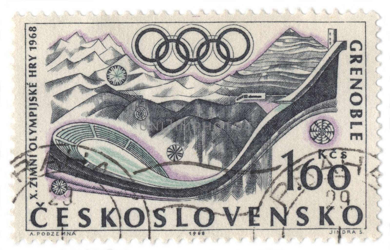 CZECHOSLOVAKIA - CIRCA 1968: A post stamp printed in Czechoslovakia shows sports facilities, dedicated to the  Winter Olympic Games in Grenoble, series, circa 1968