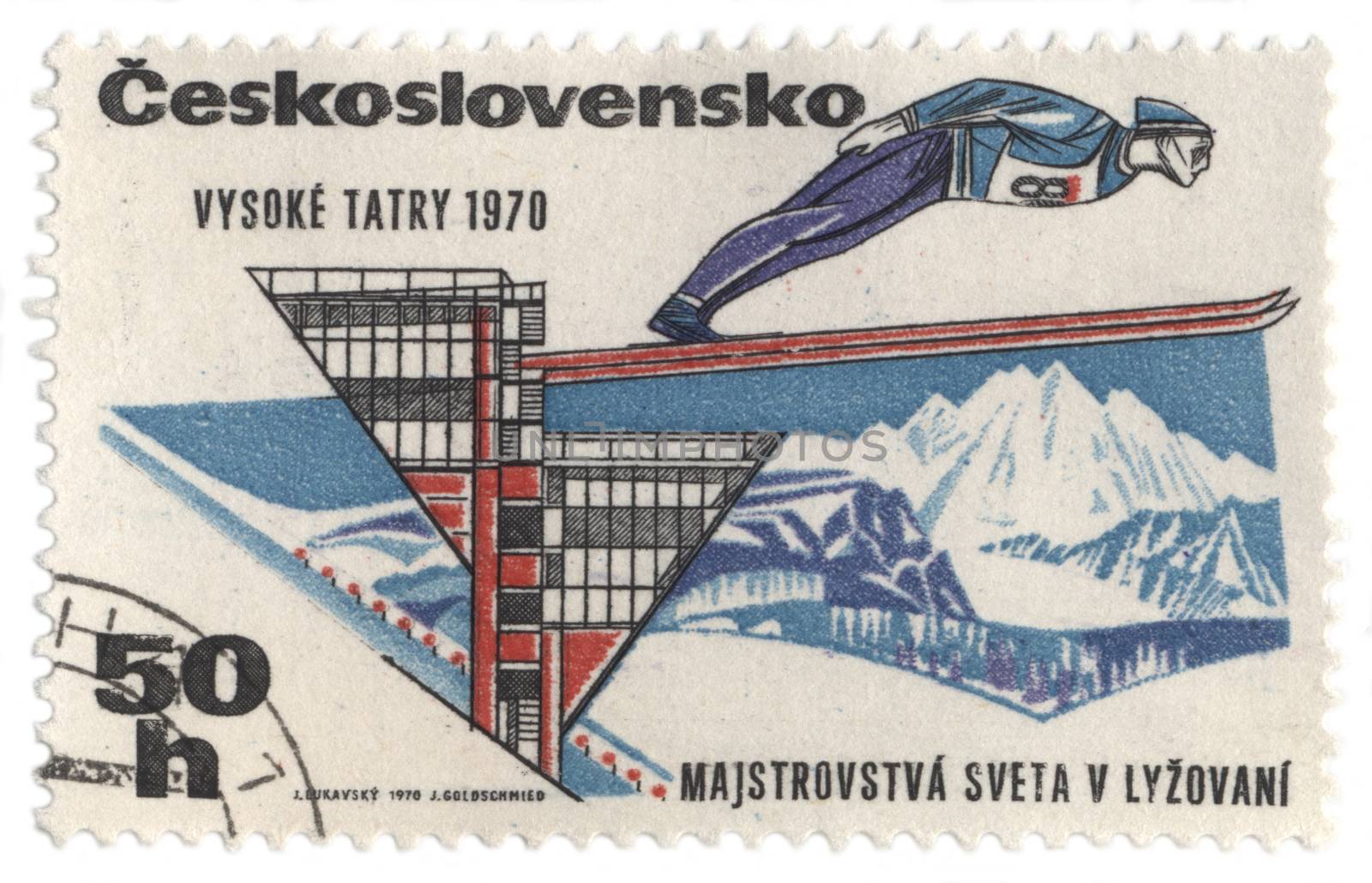 Ski jumper on post stamp by wander