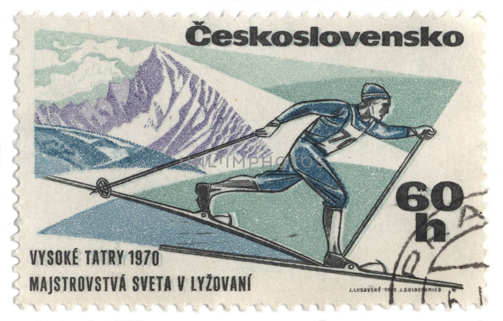 Skier on post stamp by wander