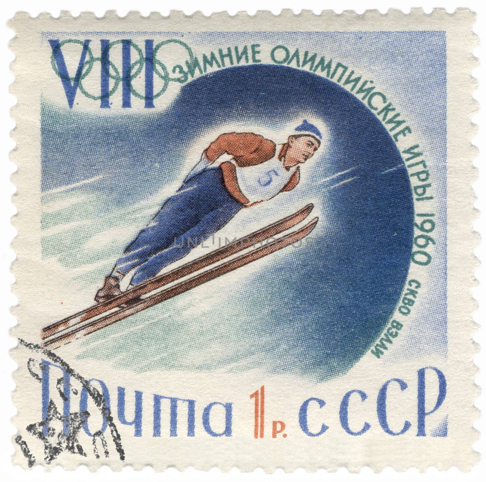 USSR - CIRCA 1960: A post stamp printed in the USSR shows flying skier, dedicated to the Winter Olympic Games in Squaw Valley, series, circa 1960