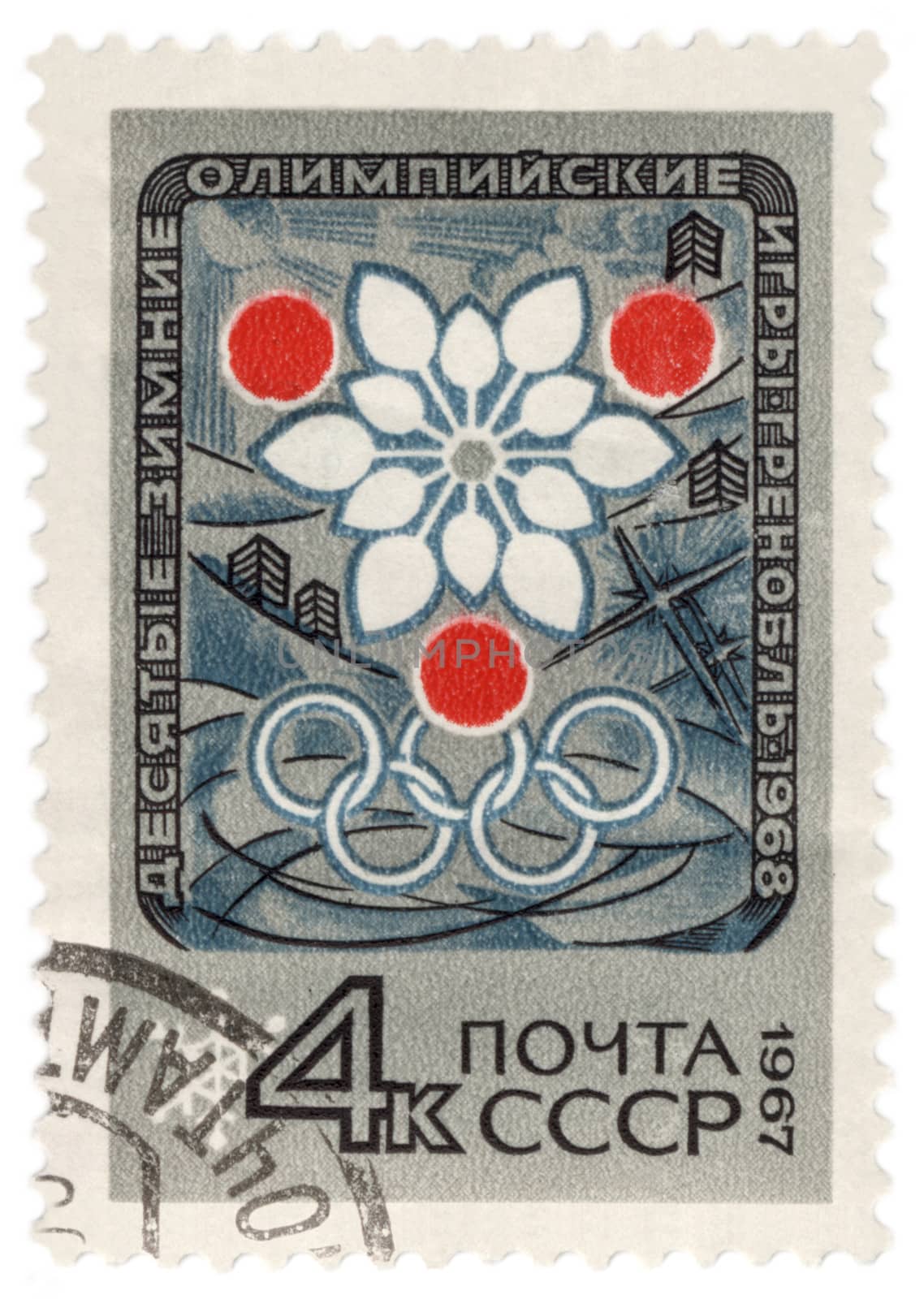 Symbolism of the Olympic Winter Games in Grenoble on post stamp by wander