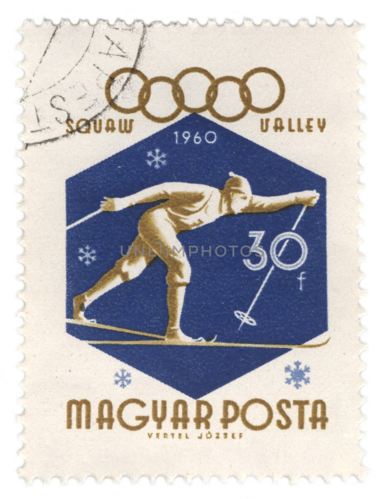 HUNGARY - CIRCA 1960: A post stamp printed in Hungary shows running skier, dedicated to the 8th Olympic Winter Games in Squaw Valley, series, circa 1960