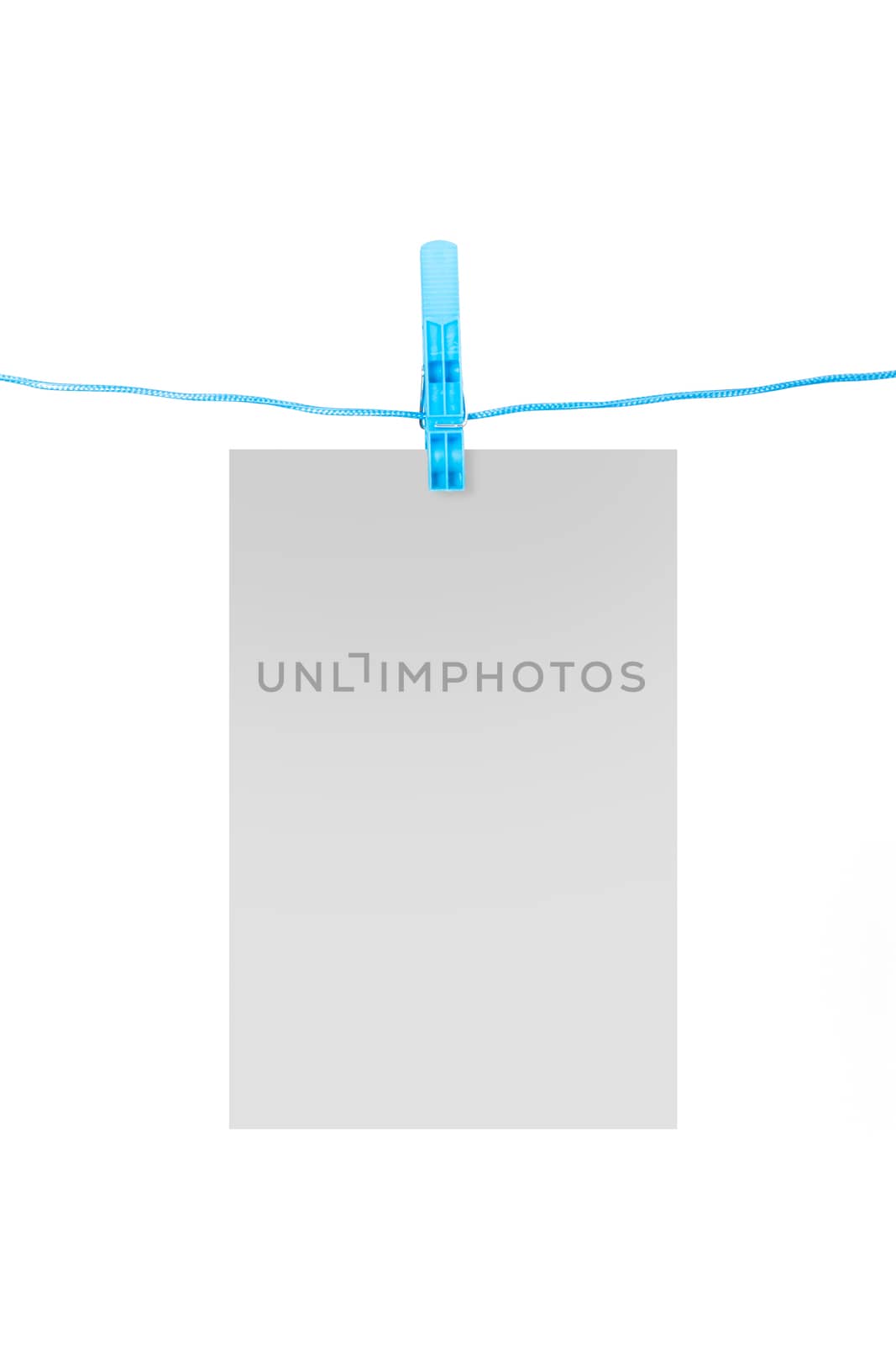 White, blank card on rope with blue, plastic clothespin, isolated on white background.