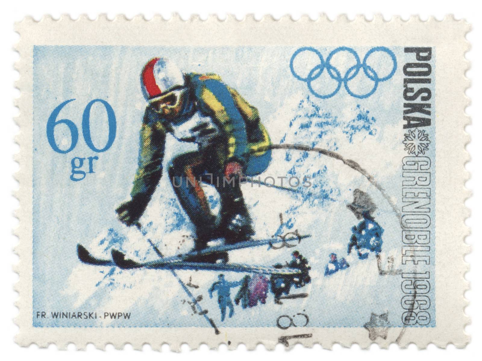 POLAND - CIRCA 1968: A post stamp printed in Poland shows ski jumper, dedicated to the Olympic Winter Games in Grenoble, series, circa 1968