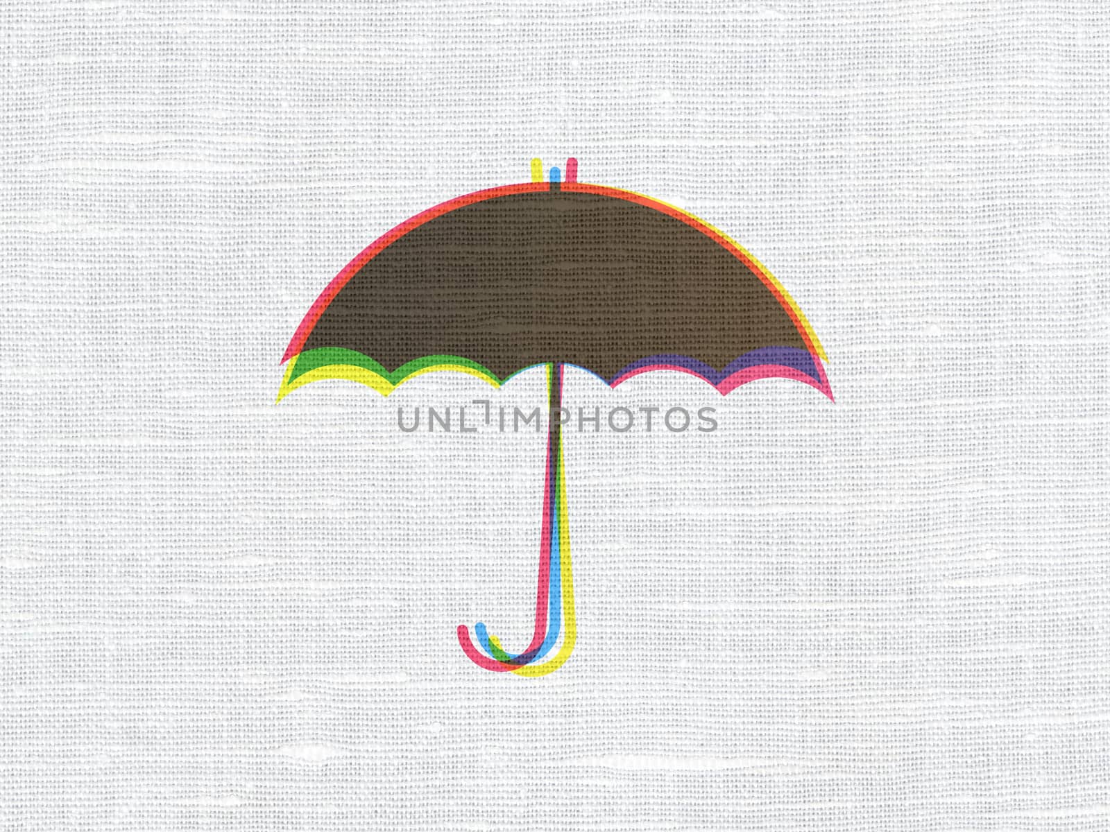 Protection concept: CMYK Umbrella on linen fabric texture background, 3d render