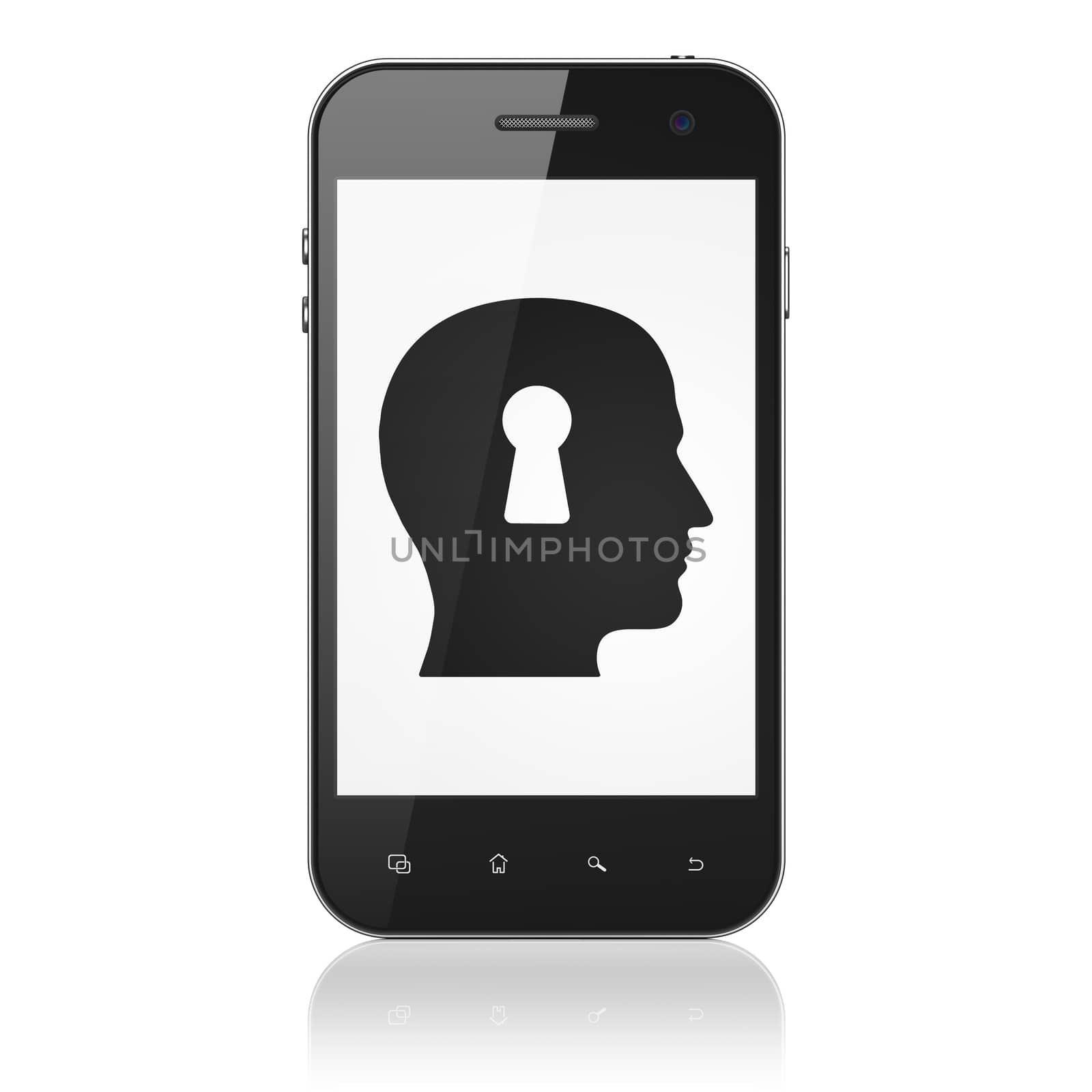 Information concept: Head With Keyhole on smartphone by maxkabakov