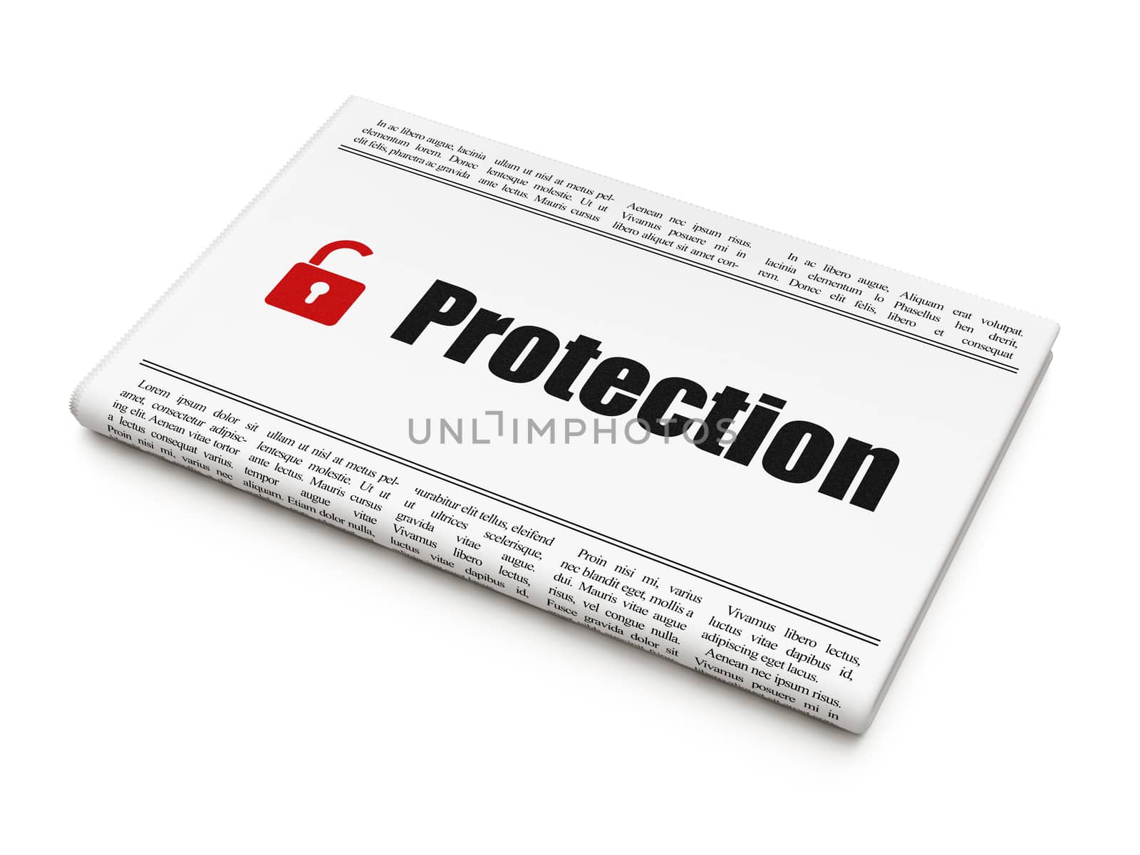 Protection news concept: newspaper headline Protection and Opened Padlock icon on White background, 3d render