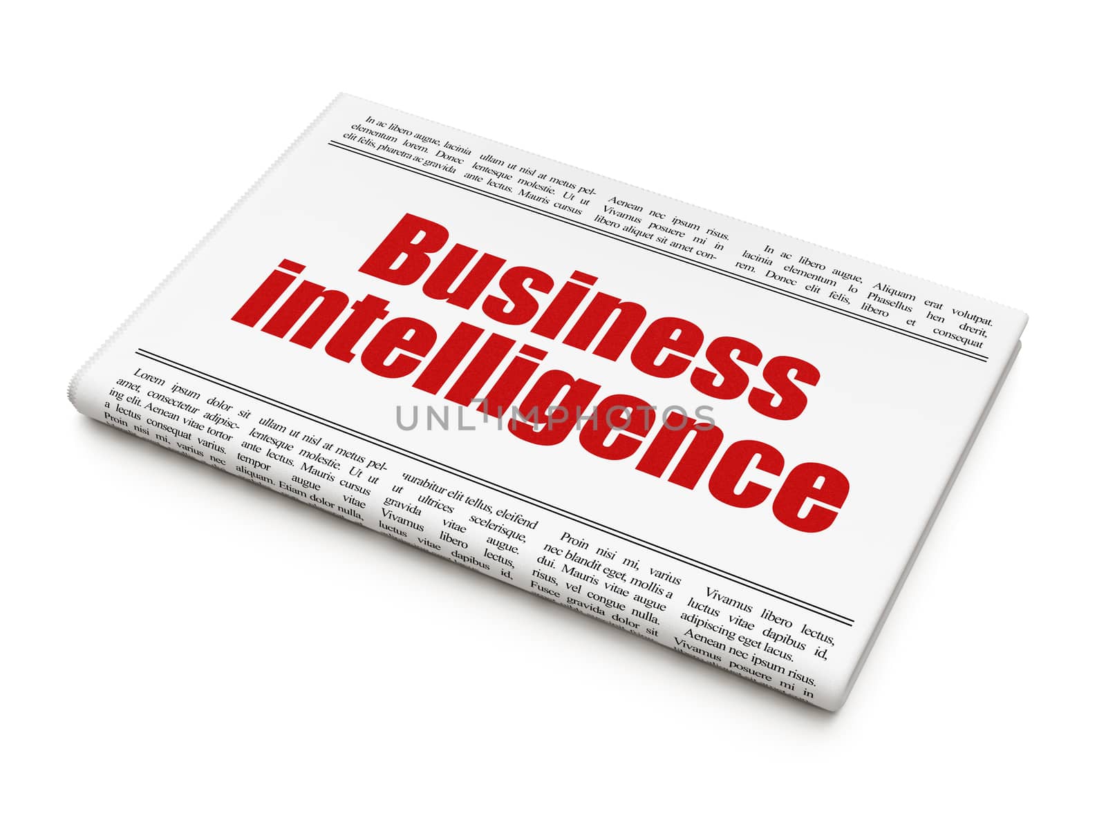 Finance news concept: newspaper headline Business Intelligence on White background, 3d render