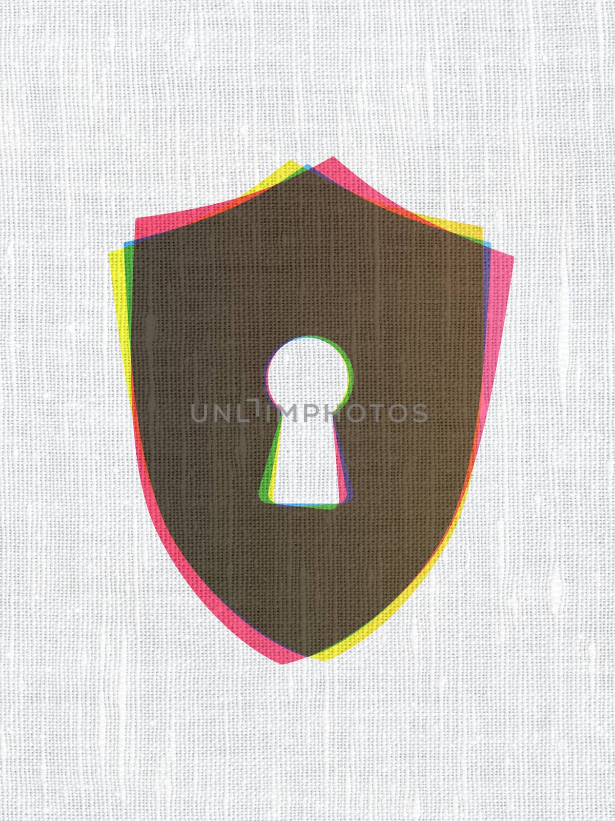 Safety concept: CMYK Shield With Keyhole on linen fabric texture background, 3d render