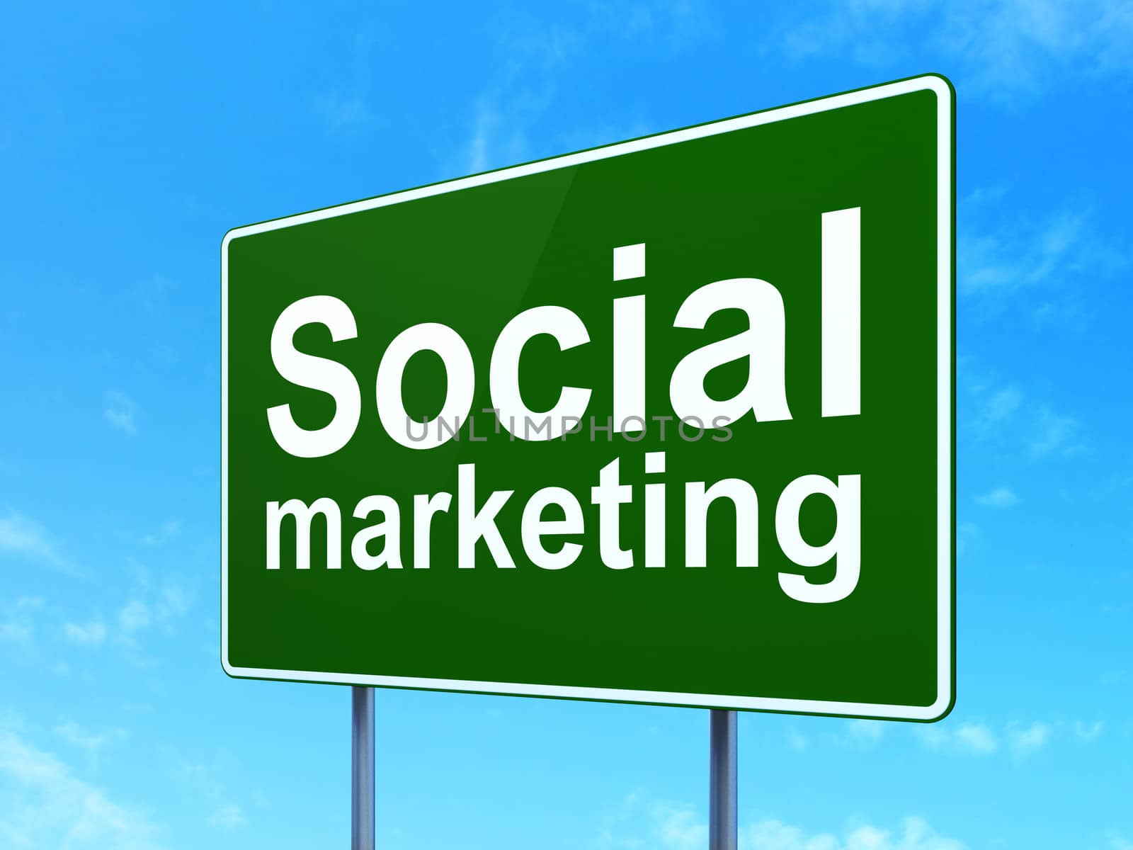Advertising concept: Social Marketing on green road (highway) sign, clear blue sky background, 3d render