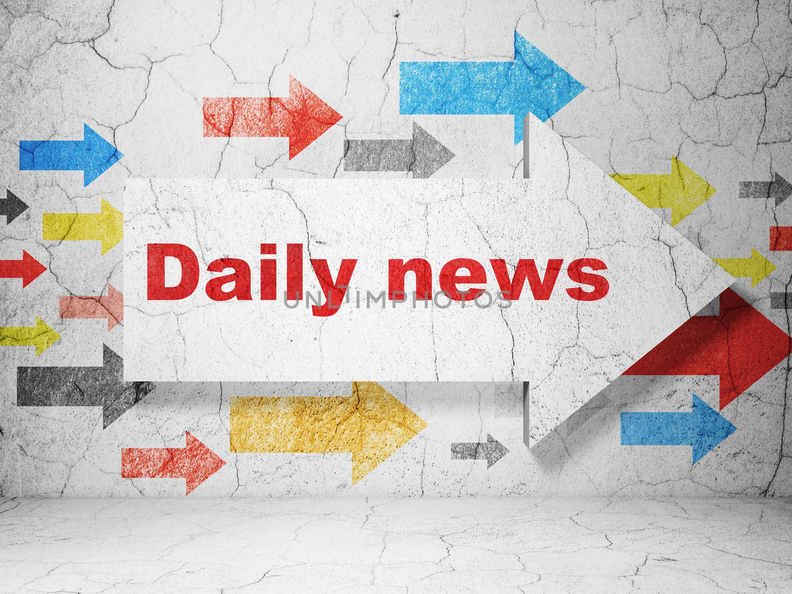 News concept:  arrow whis Daily News on grunge textured concrete wall background, 3d render