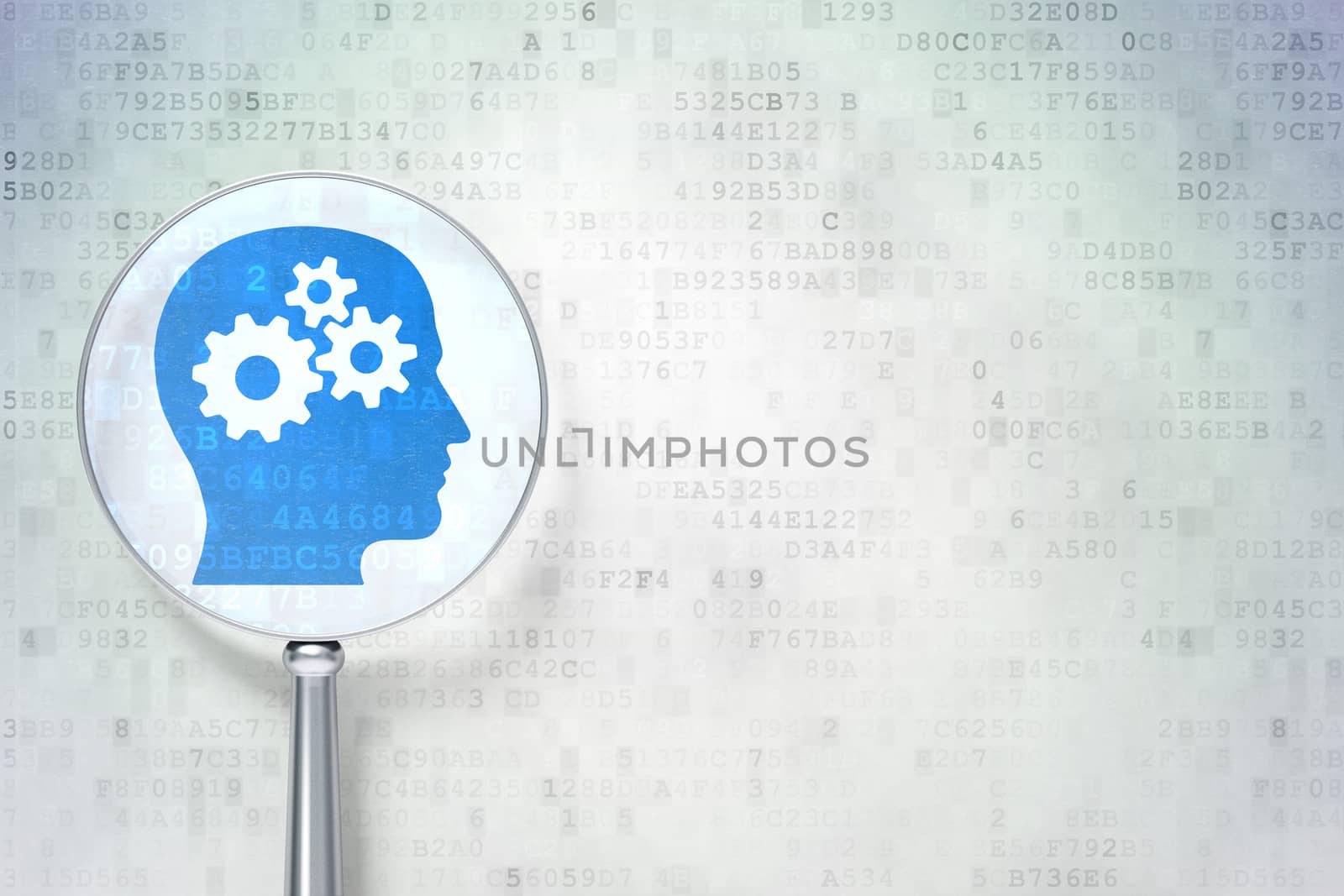 Business concept: magnifying optical glass with Head With Gears icon on digital background, empty copyspace for card, text, advertising, 3d render