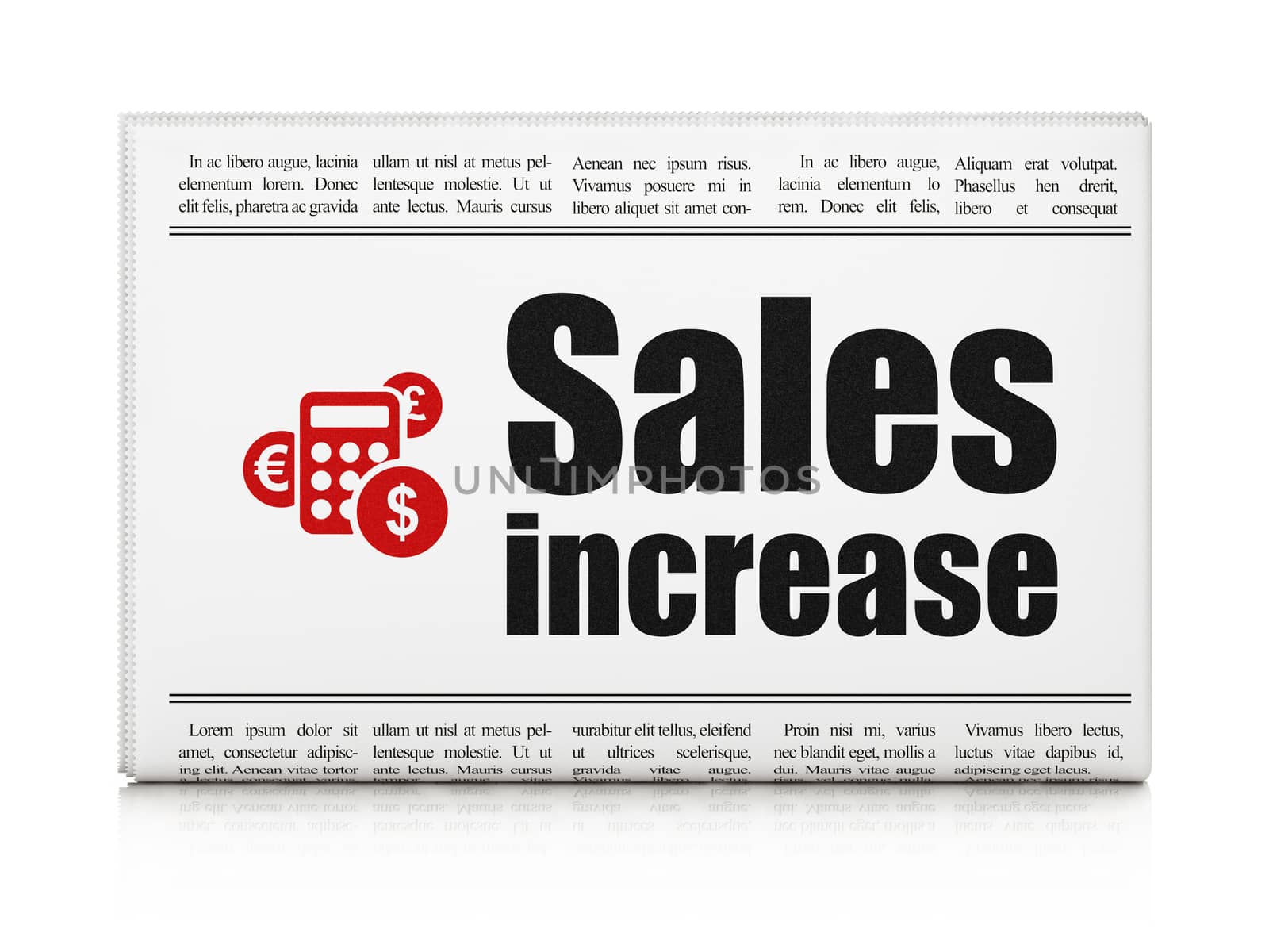 Advertising news concept: newspaper headline Sales Increase and Calculator icon on White background, 3d render