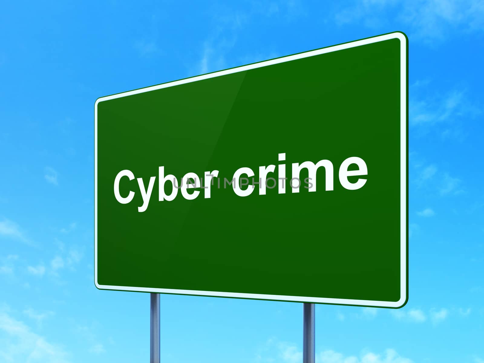 Safety concept: Cyber Crime on green road (highway) sign, clear blue sky background, 3d render