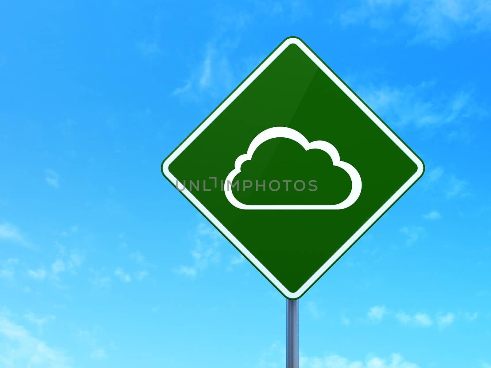 Cloud networking concept: Cloud on green road (highway) sign, clear blue sky background, 3d render