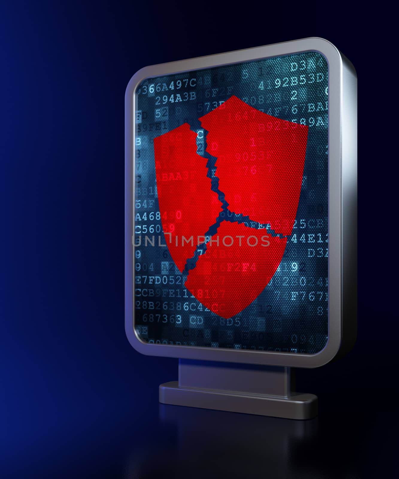 Security concept: Broken Shield on advertising billboard background, 3d render