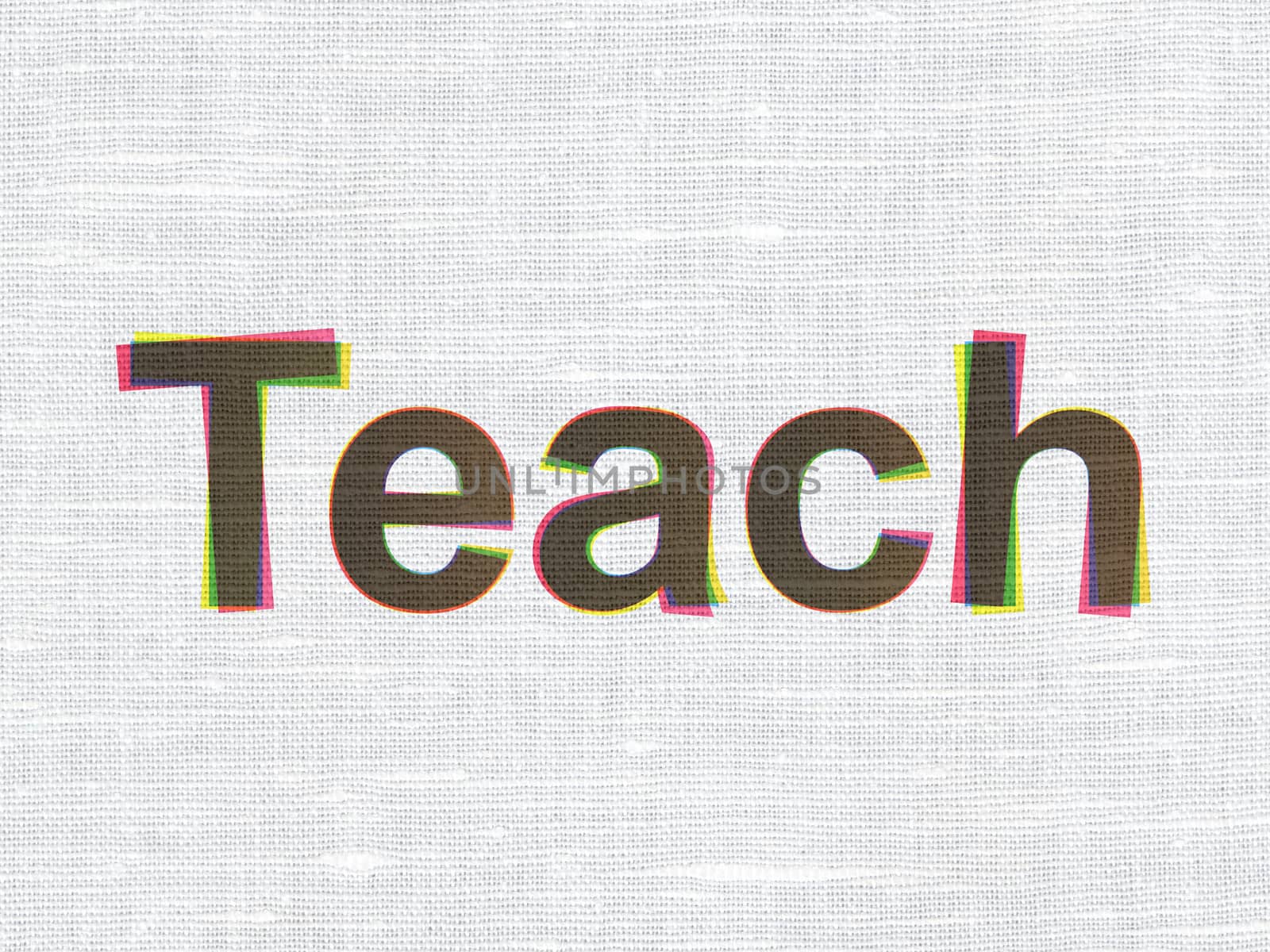 Education concept: CMYK Teach on linen fabric texture background, 3d render