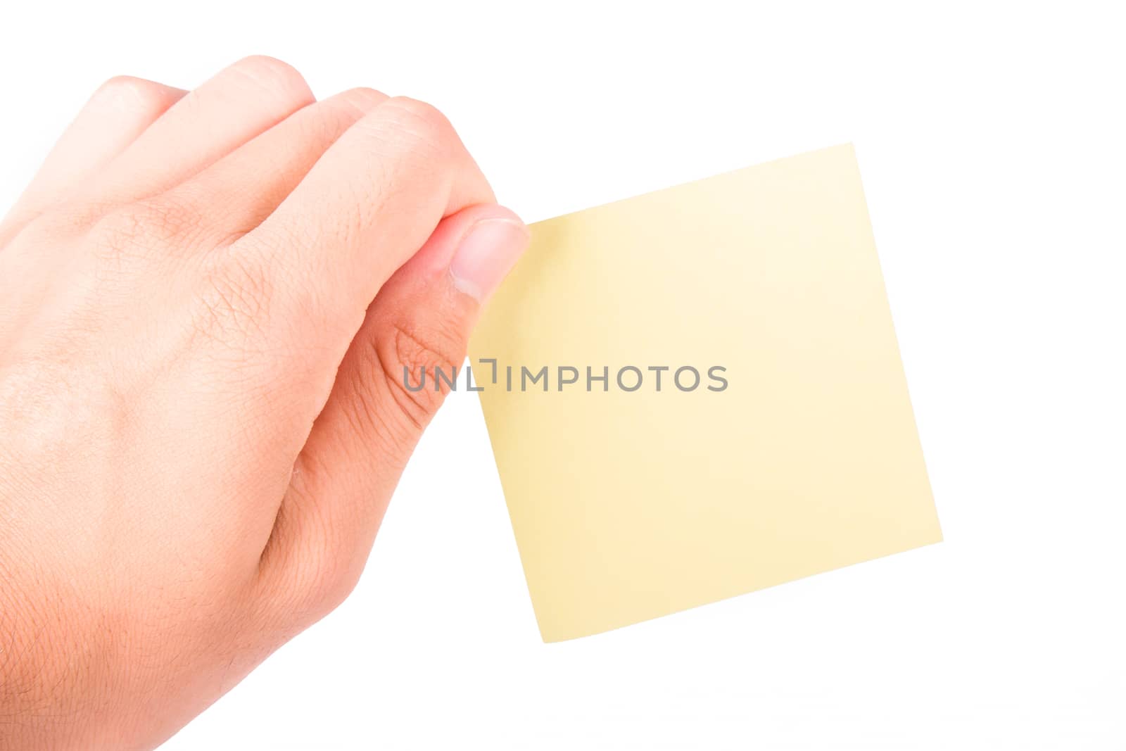 Hand holding blank, empty, yellow sticky post it note with copy space, isolated on white background.