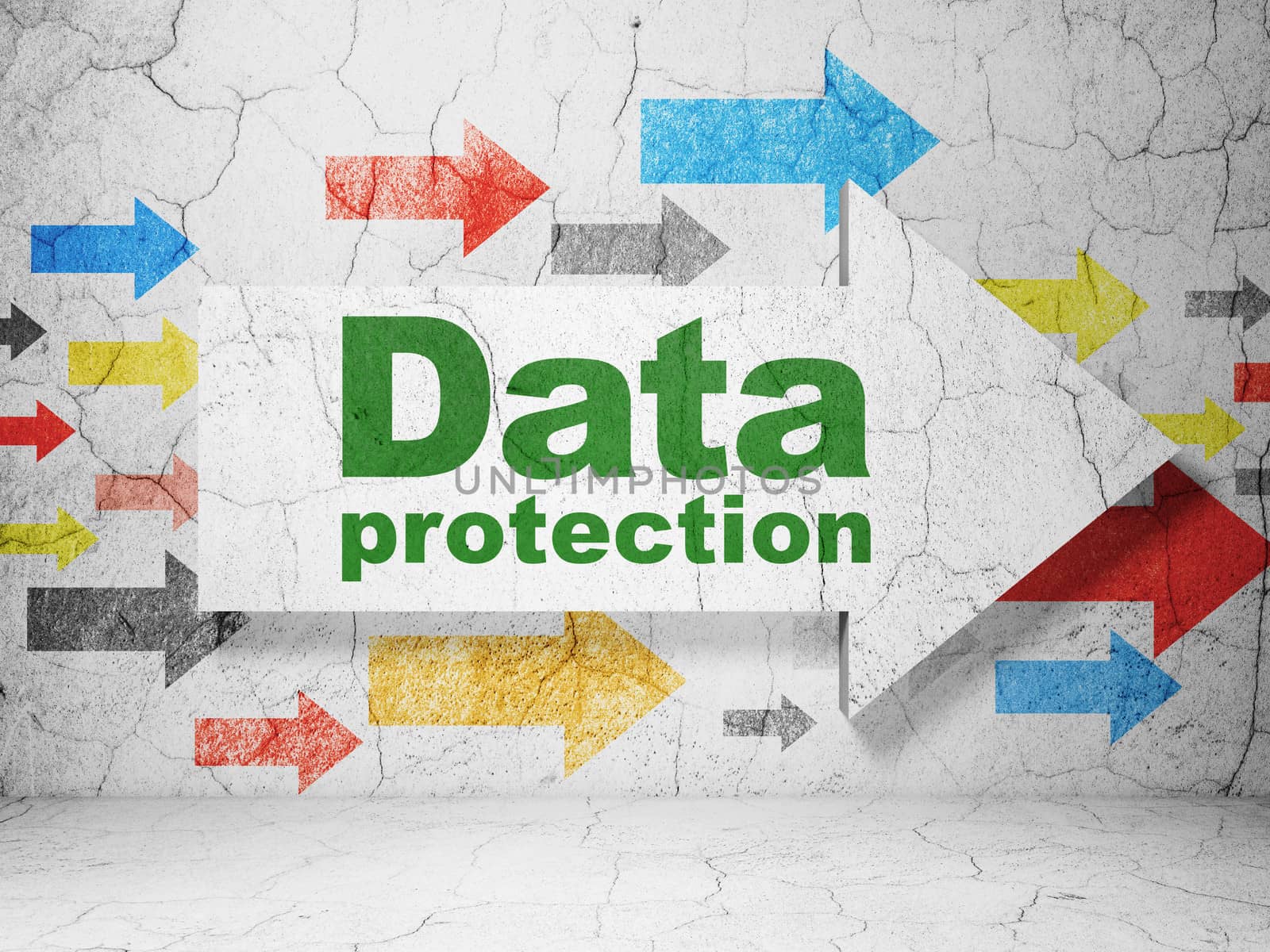 Protection concept:  arrow whis Data Protection on grunge textured concrete wall background, 3d render