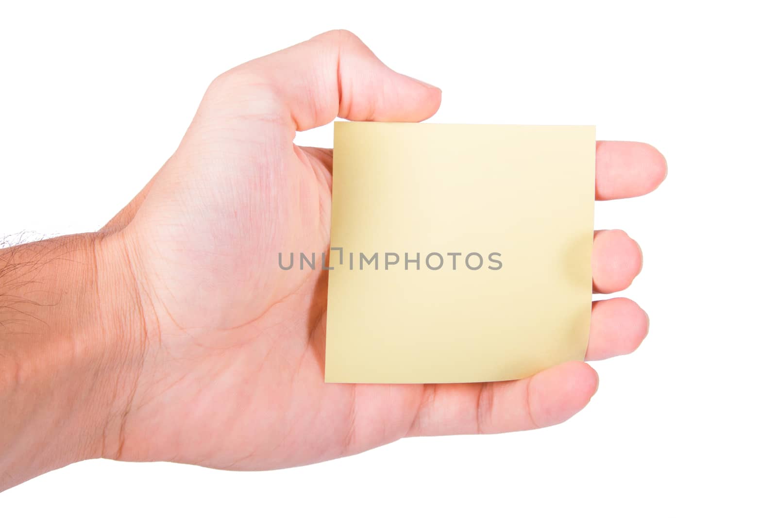 Hand holding blank, empty, yellow sticky post it note with copy space, isolated on white background.