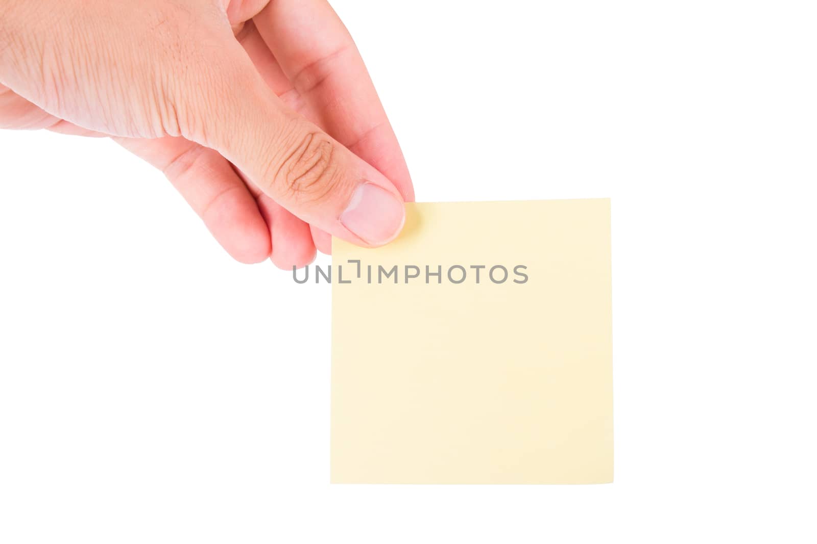 Hand holding blank, empty, yellow sticky post it note with copy space, isolated on white background.