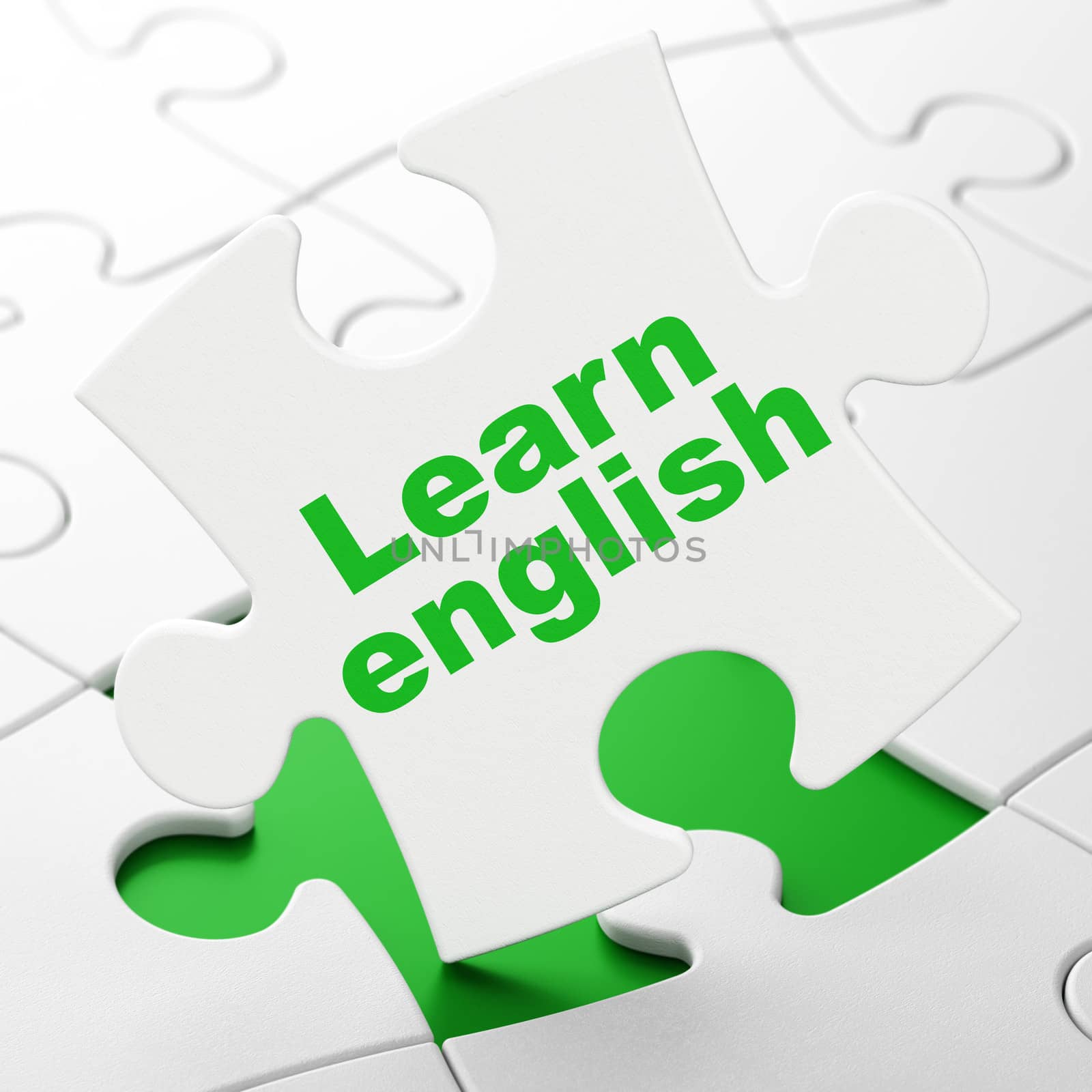 Education concept: Learn English on White puzzle pieces background, 3d render