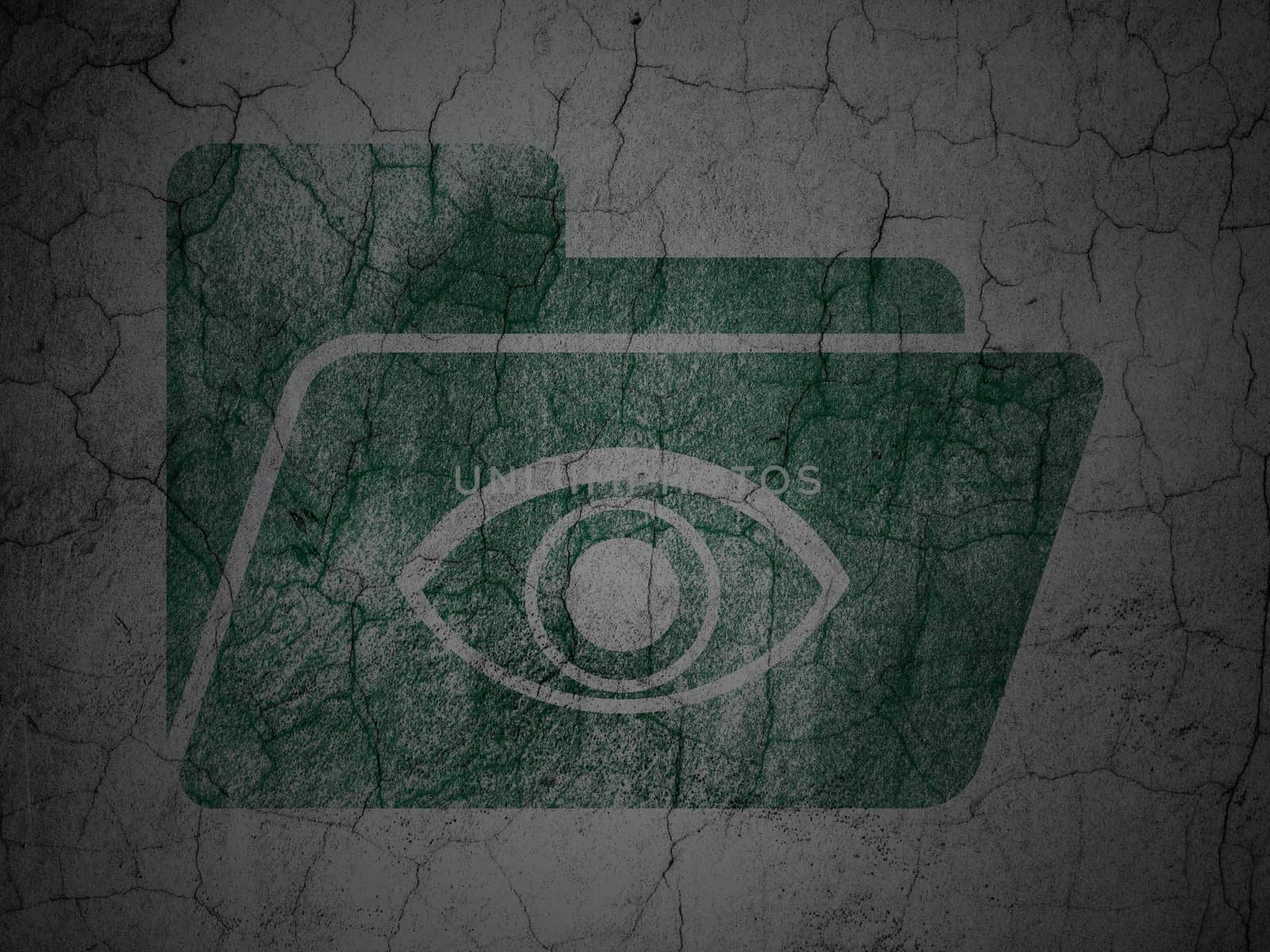 Business concept: Green Folder With Eye on grunge textured concrete wall background, 3d render