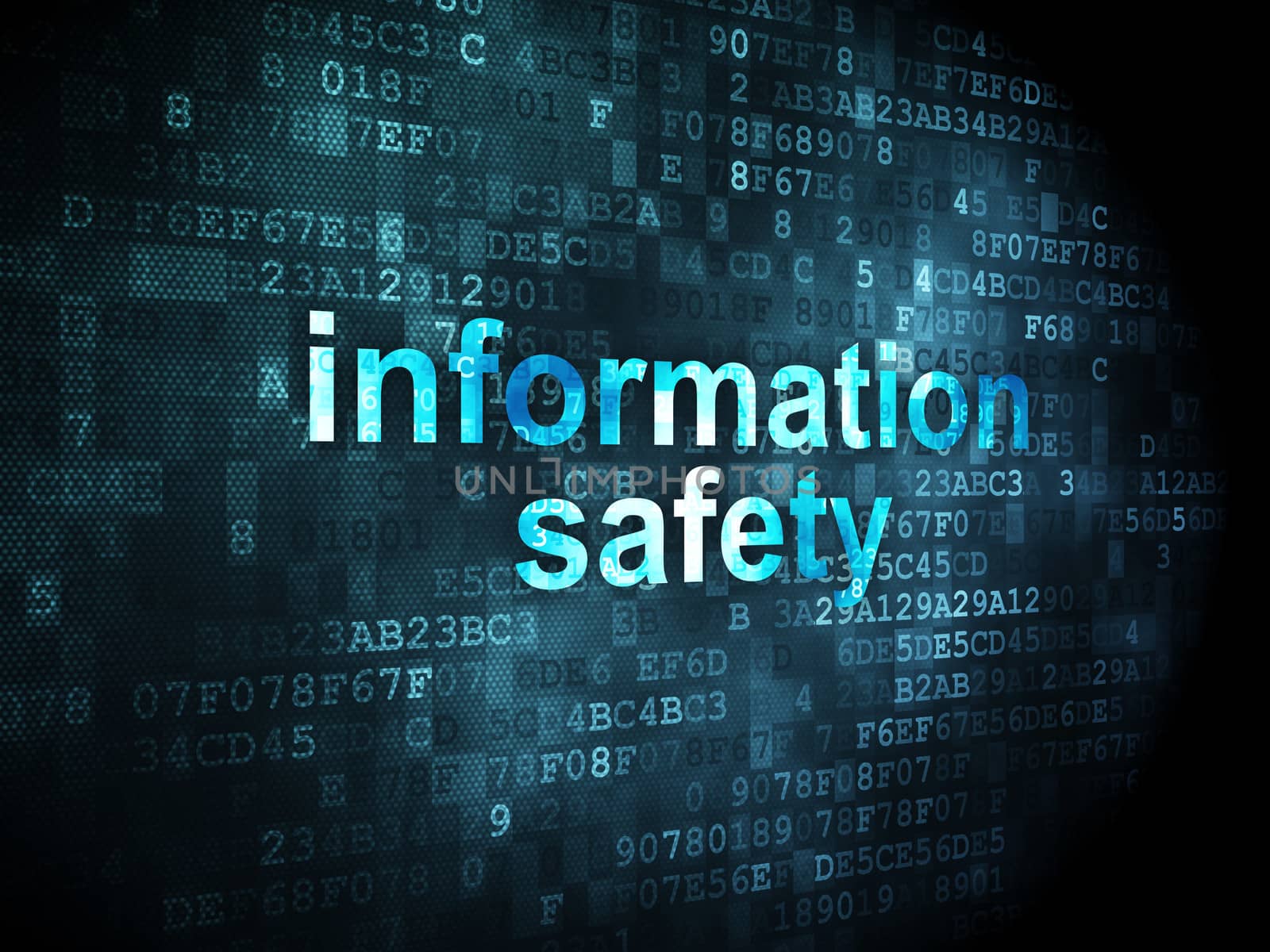 Safety concept: pixelated words Information Safety on digital background, 3d render