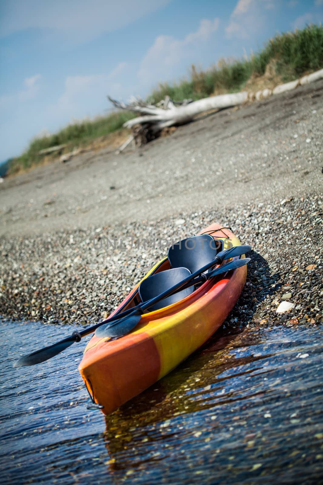 Orange and Yellow Kayak With Oars on the Sea Shore by aetb