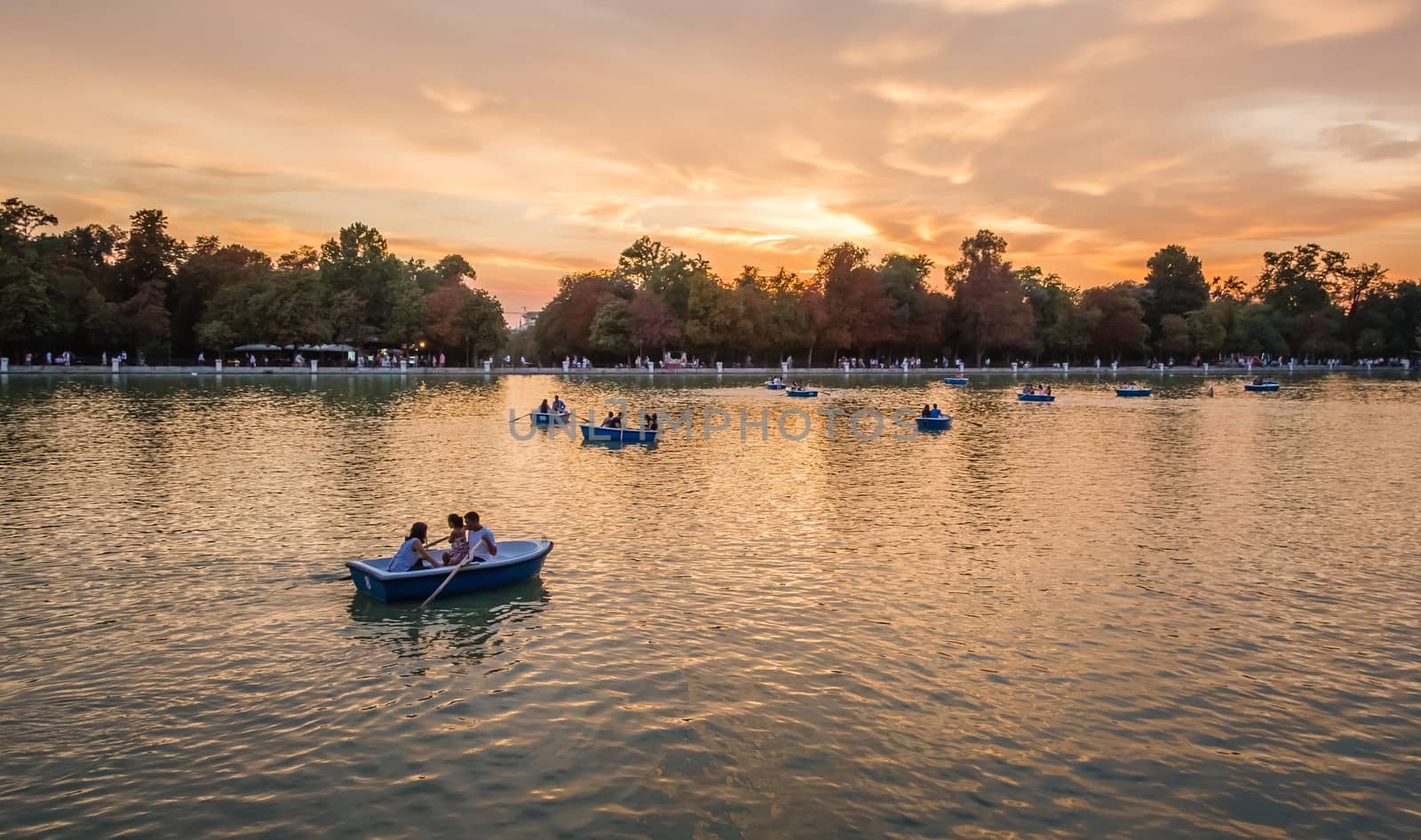 People boating at the sunset in Buen Retiro park lake, Madrid