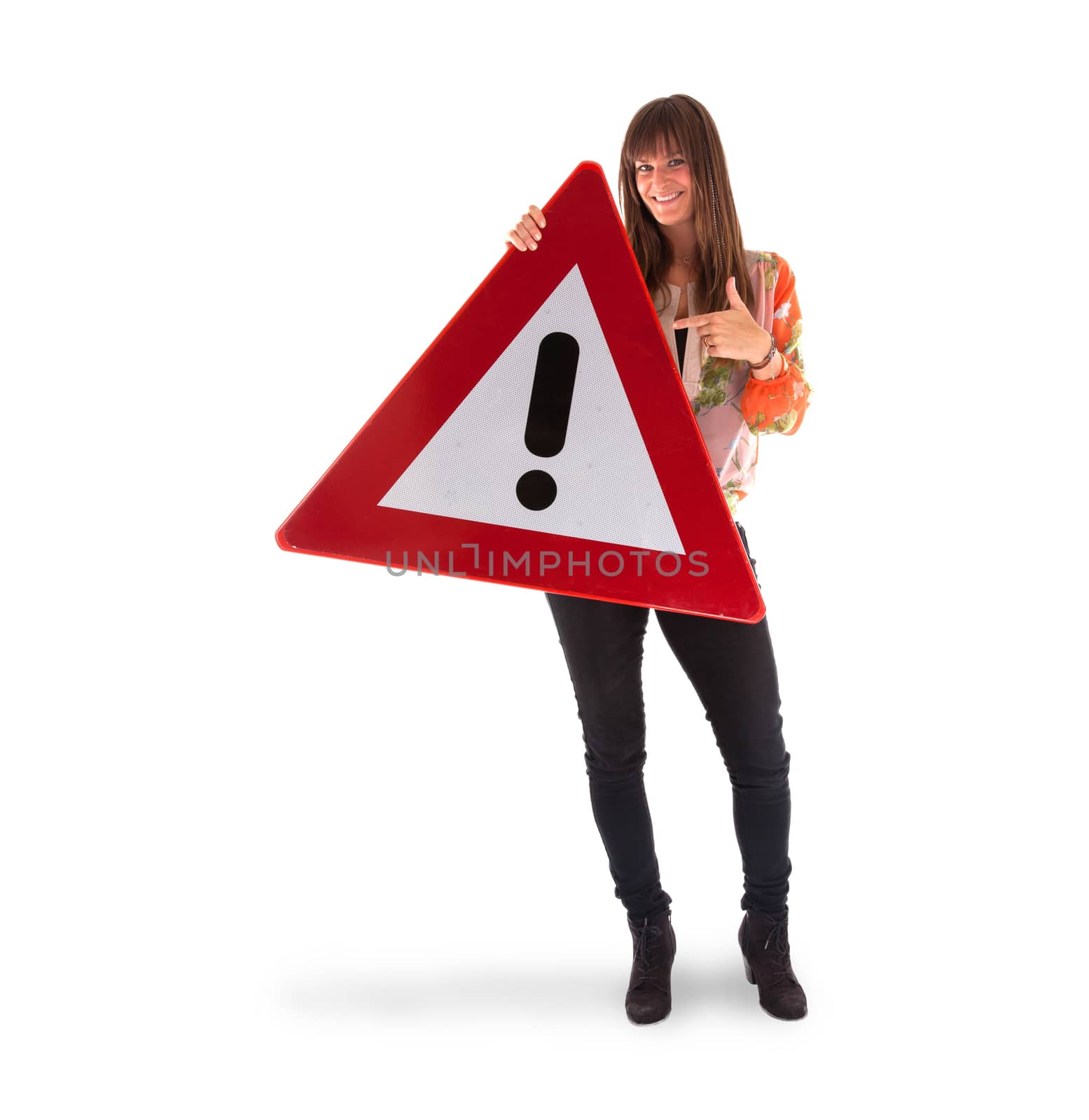 Concept of caution - Woman standing with caution sign, isolated on white