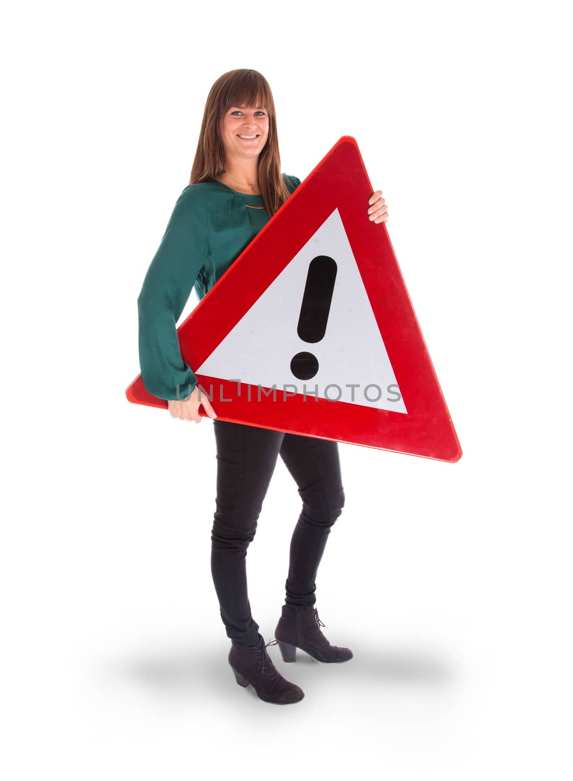 Concept of caution - Woman standing with caution sign, isolated on white