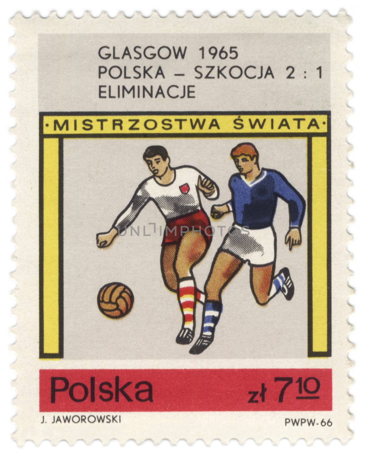 POLAND - CIRCA 1966: A post stamp printed in Poland devoted to the FIFA World Cup in London-1966, shows Qualifying Poland, Scotland, Glasgow-1965, circa 1966