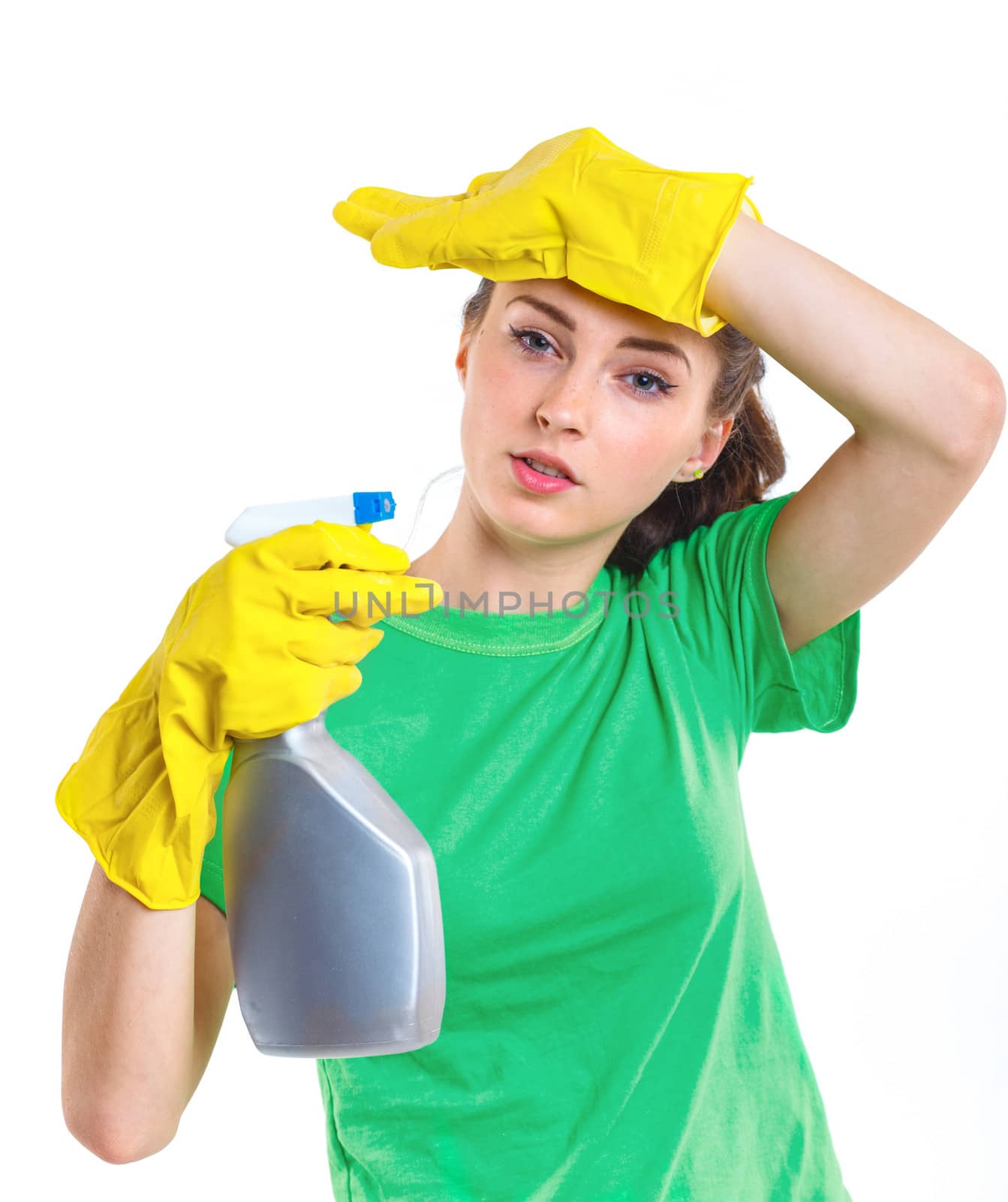 Maid woman is ready for cleaning. Isolated white background