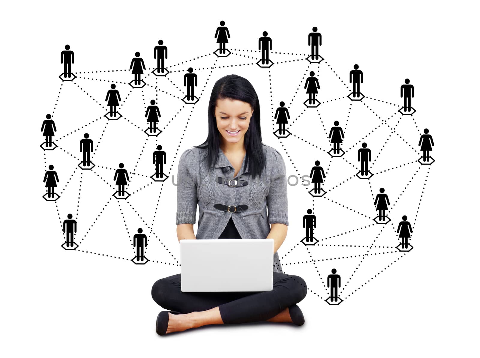 Network or social media concept: young brunette woman or student with laptop surrounded by men and women silhouettes