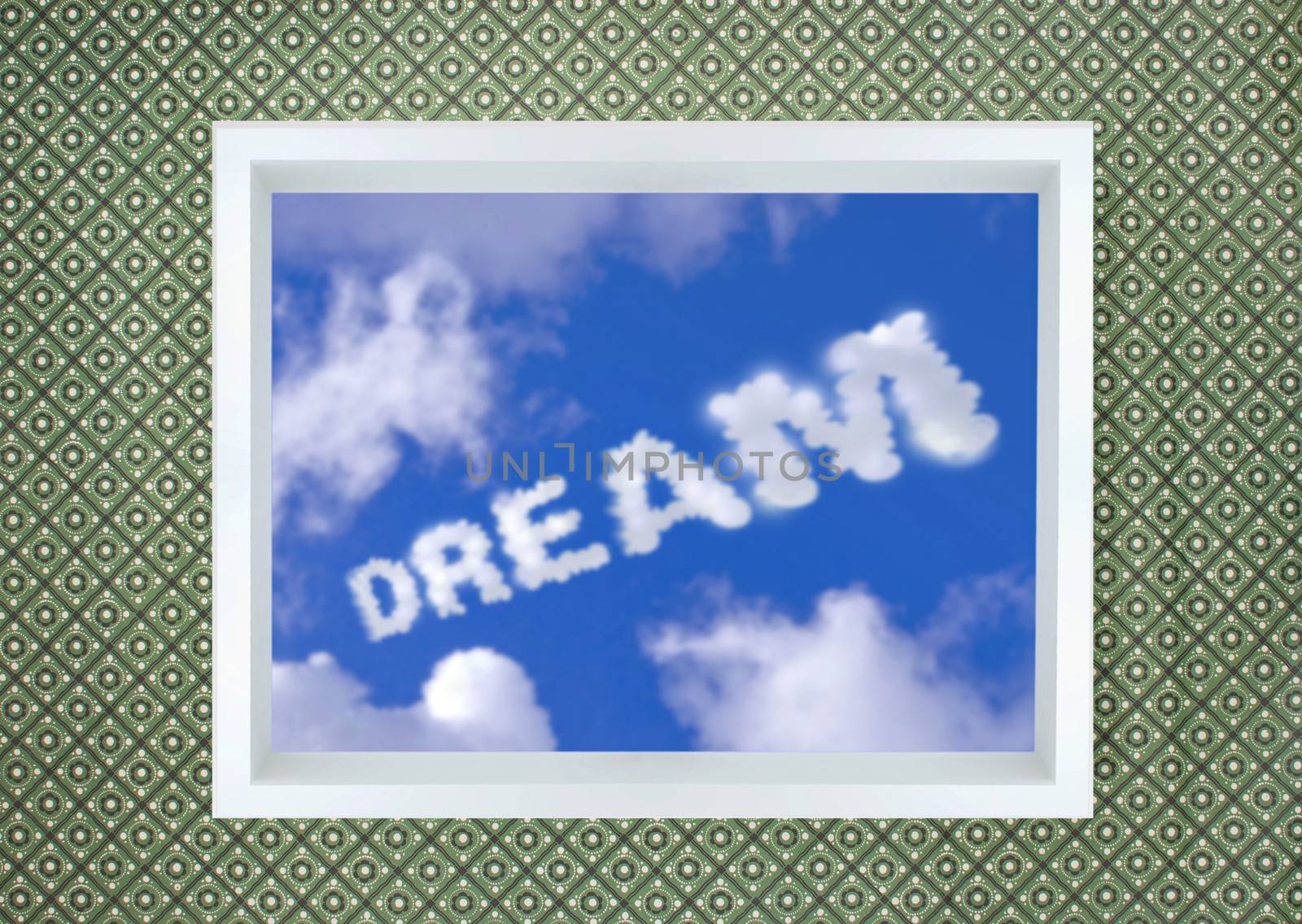 Clouds spell the word opportunity through an open window
