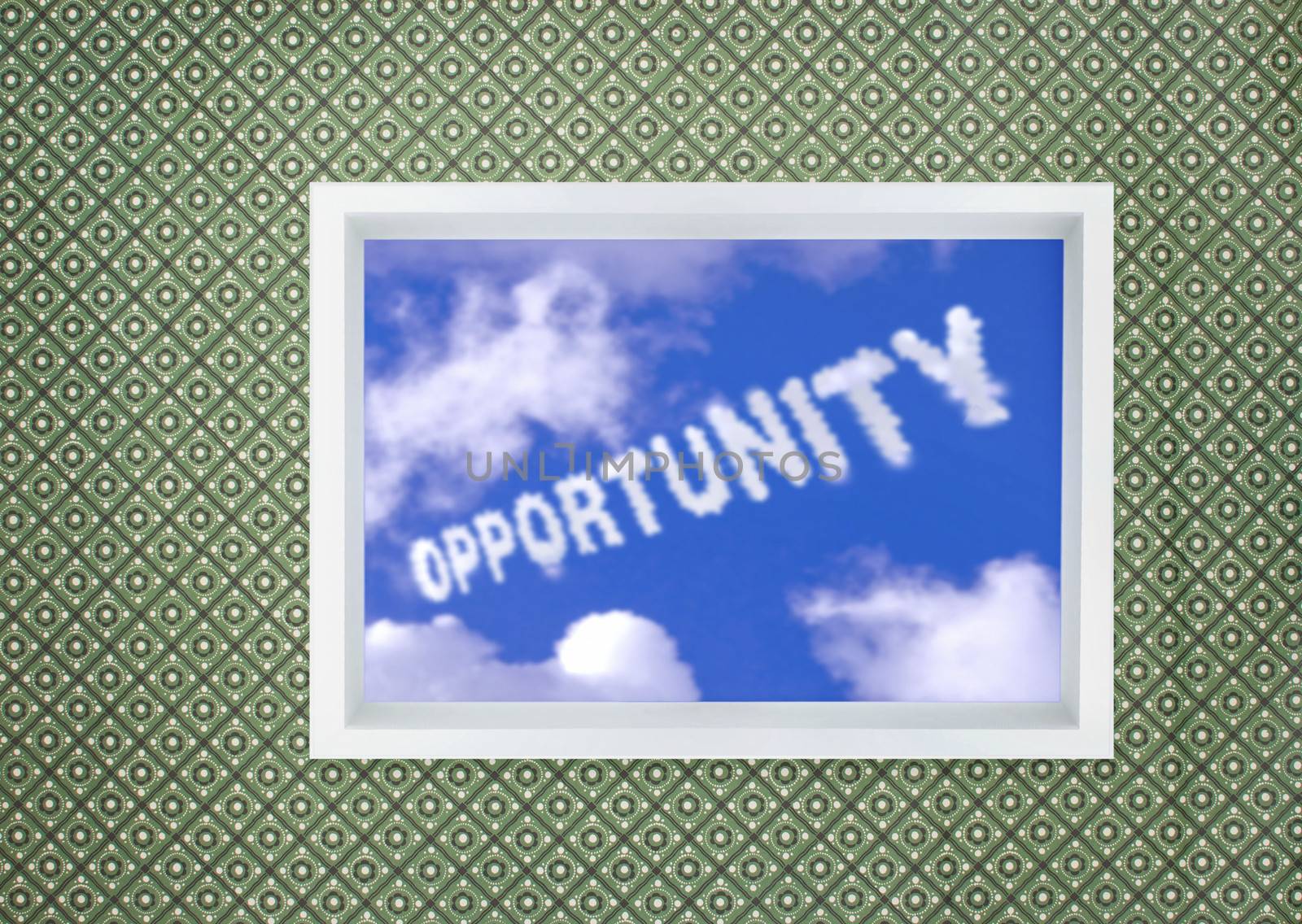Clouds spell the word opportunity through an open window