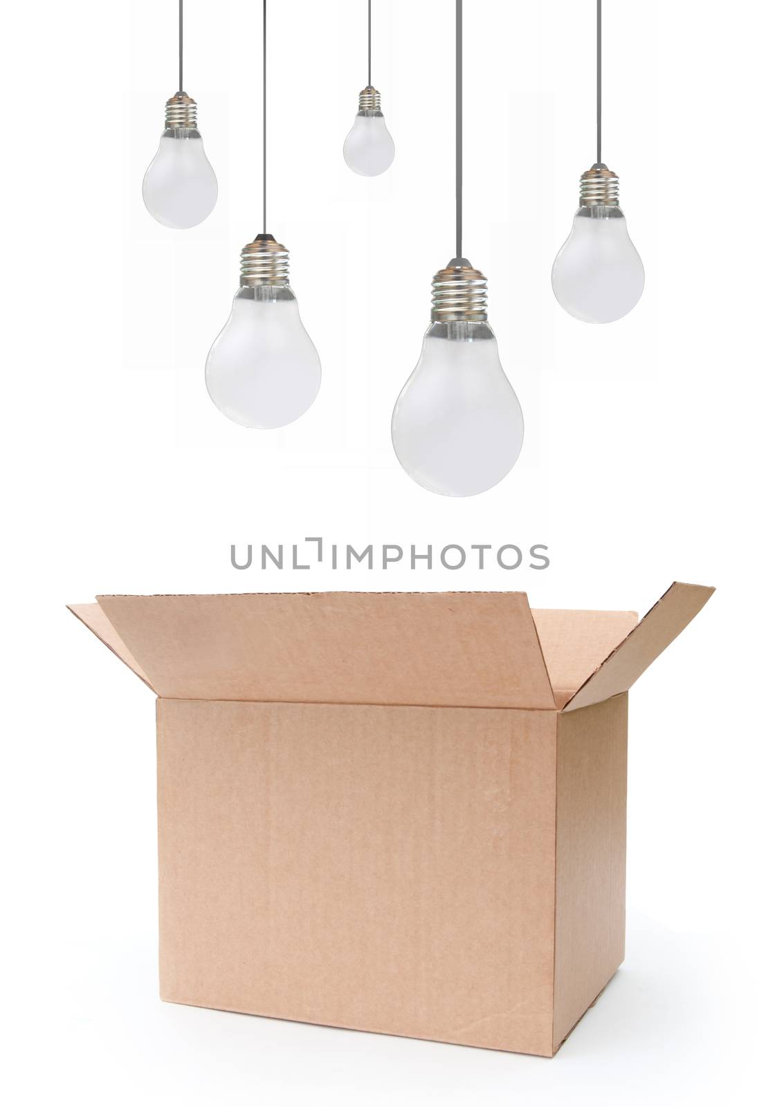 Light bulbs hovering over an open box 