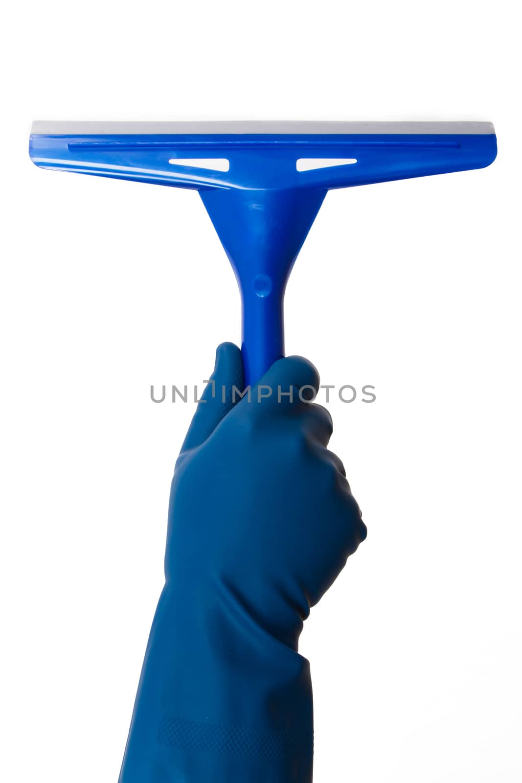Hand in glove holding blue squeegee, back view, isolated on white background.