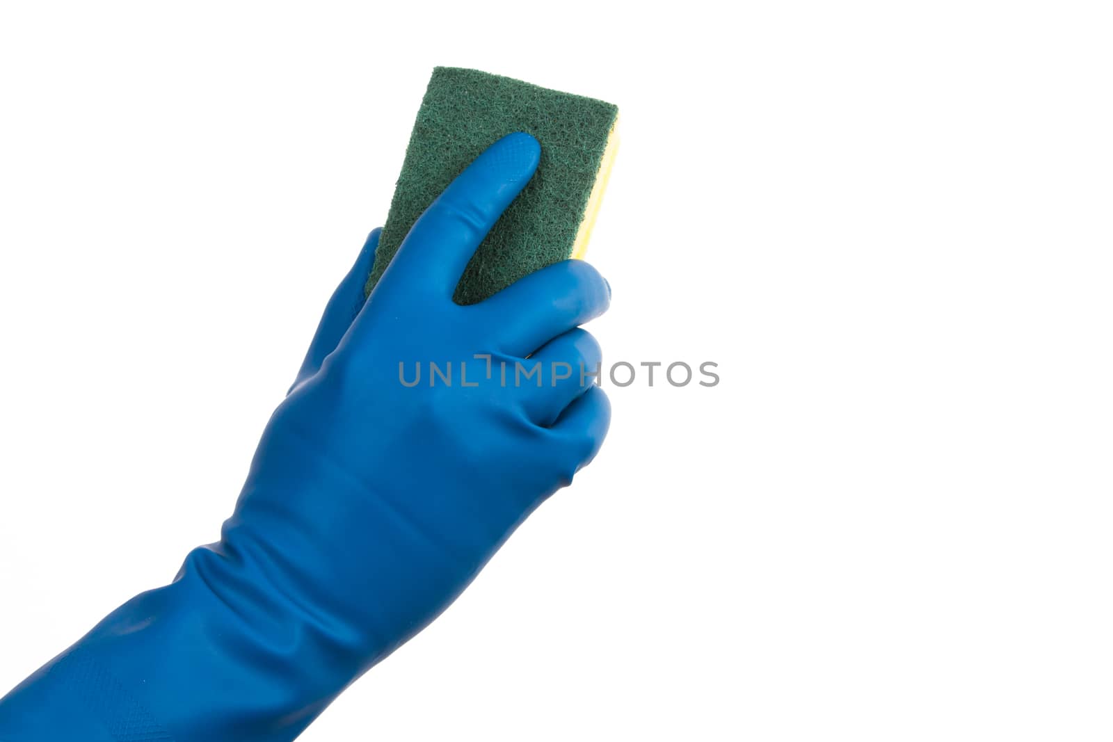 Hand in glove holding sponge, isolated on white background.