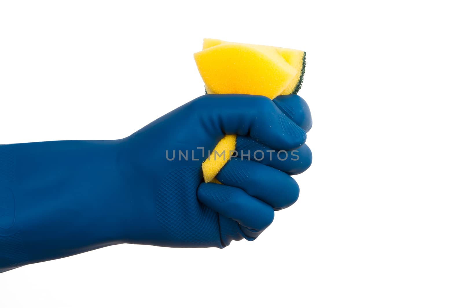Hand squeezes cleaning sponge, isolated on white background.