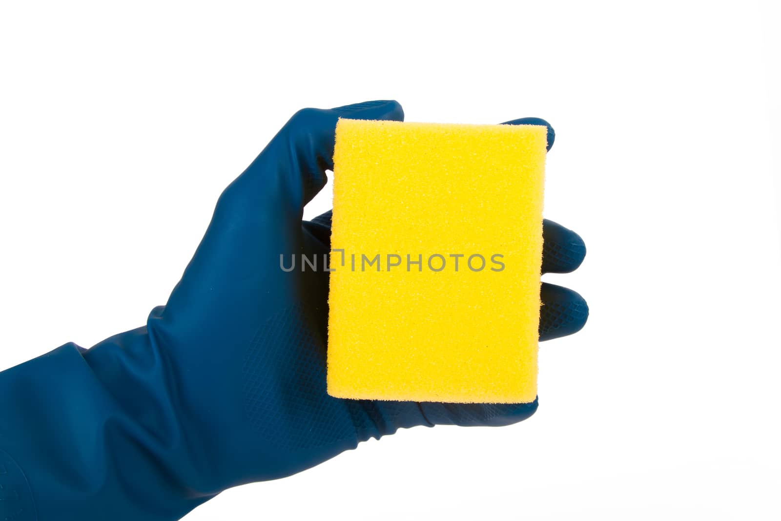 Hand with glove holding cleaning sponge, isolated on white background.