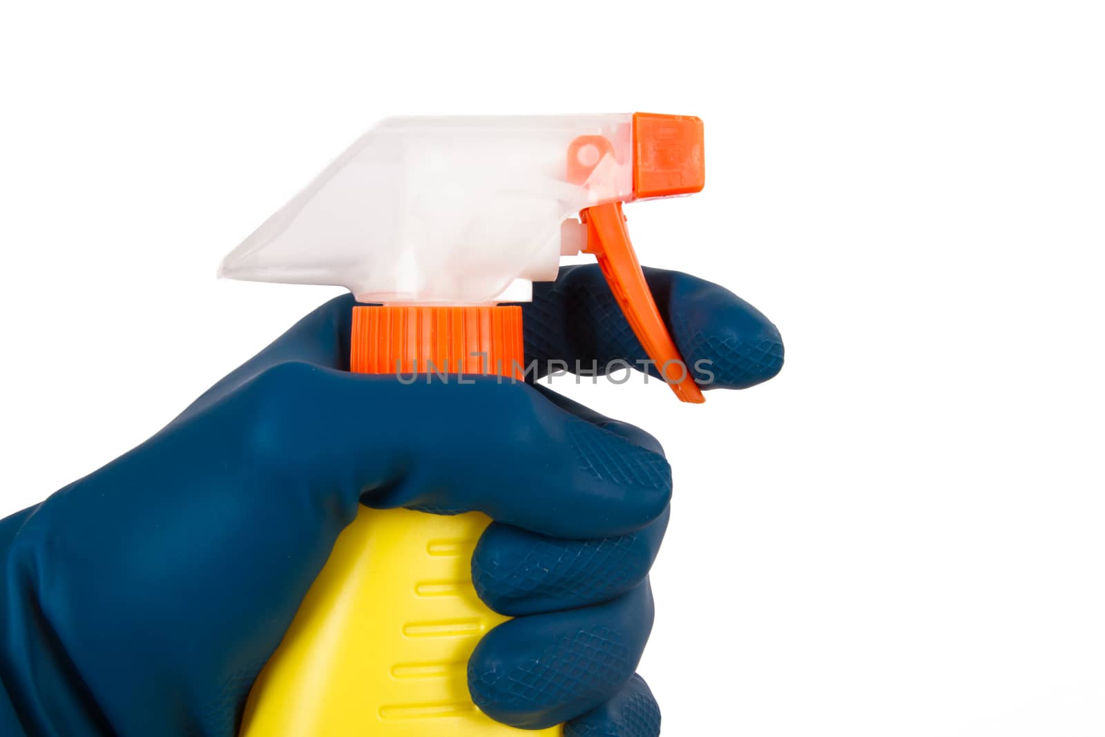 Hand in glove with spray bottle for cleaning, side view, isolated on white background.