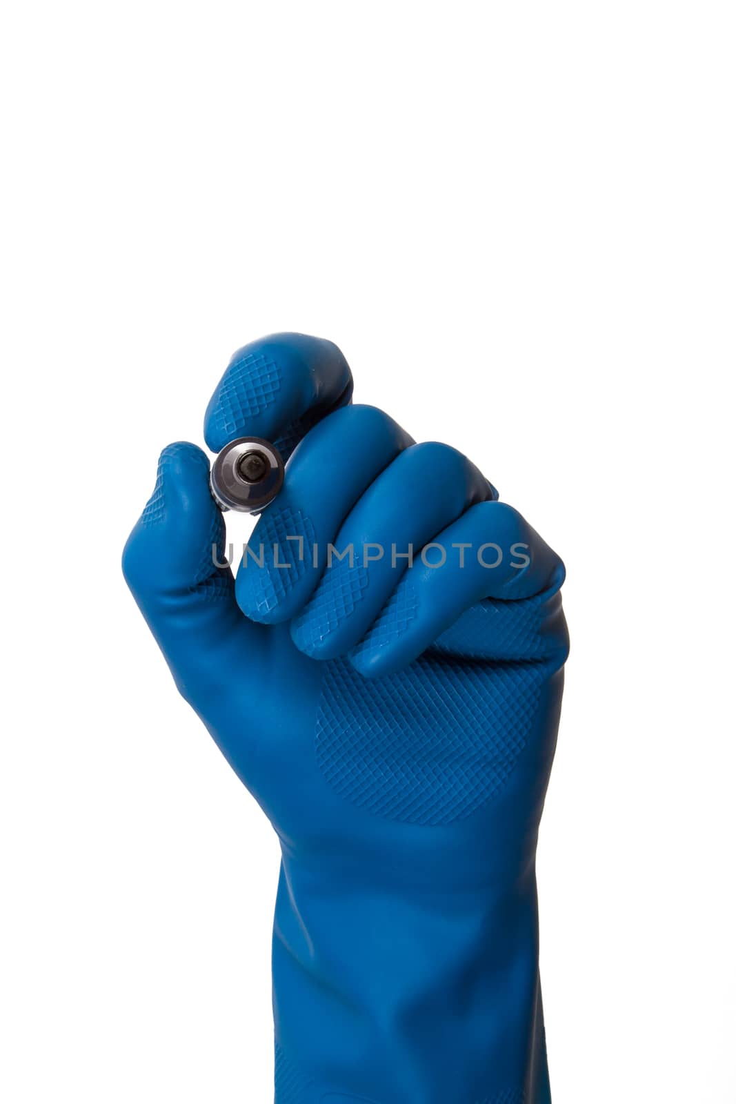 Hand in cleaning glove writing on air, isolated on white background.