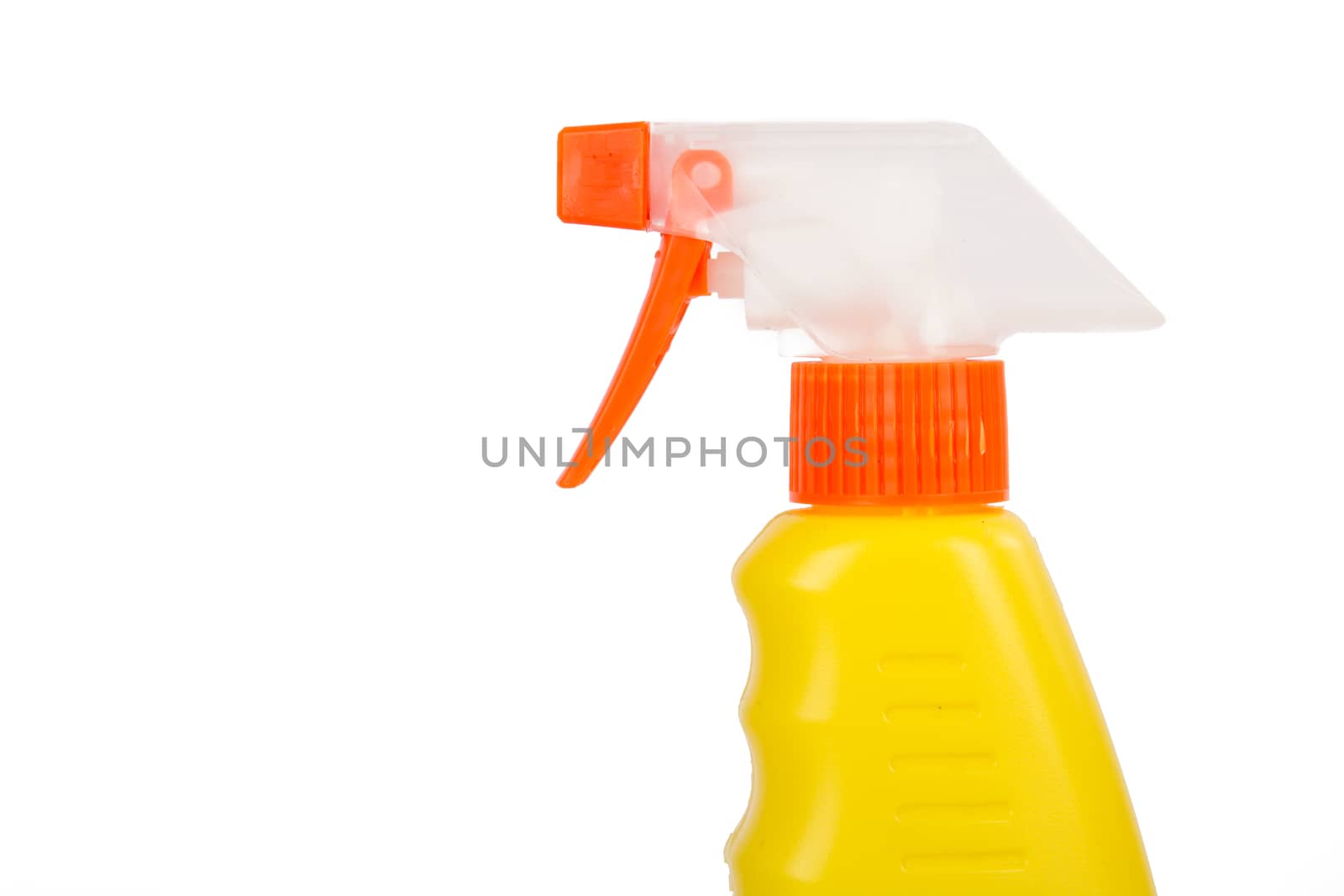Yellow spray bottle for cleaning, isolated on white background.