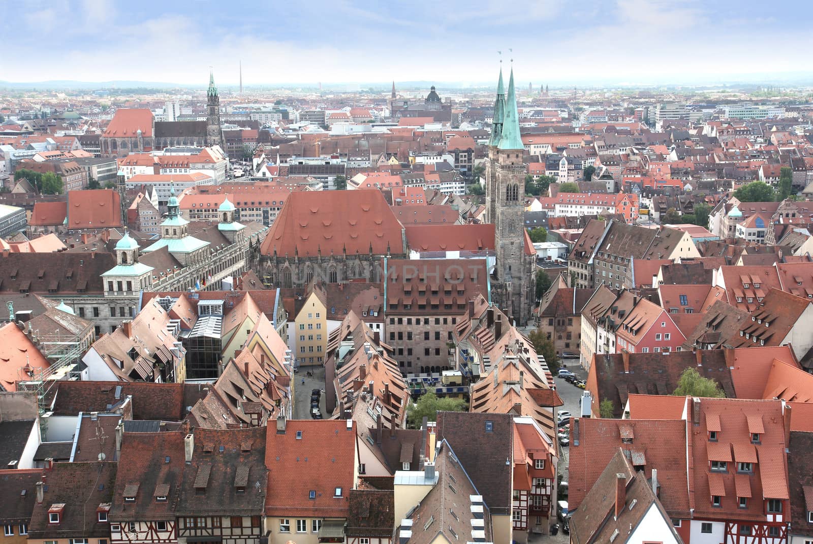 View over the old town of Nuremberg with the spires of St Sebald church and St Lorenz church, the town hall and the opera house, in Franconia, Bavaria, Germany.