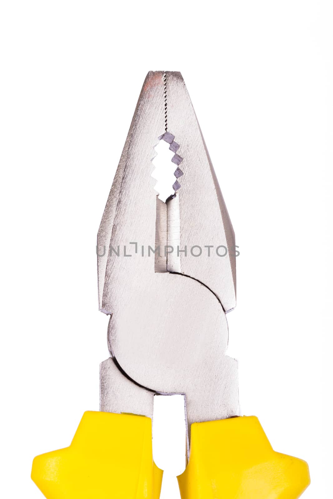 Close up view of yellow pliers, isolated on white background.
