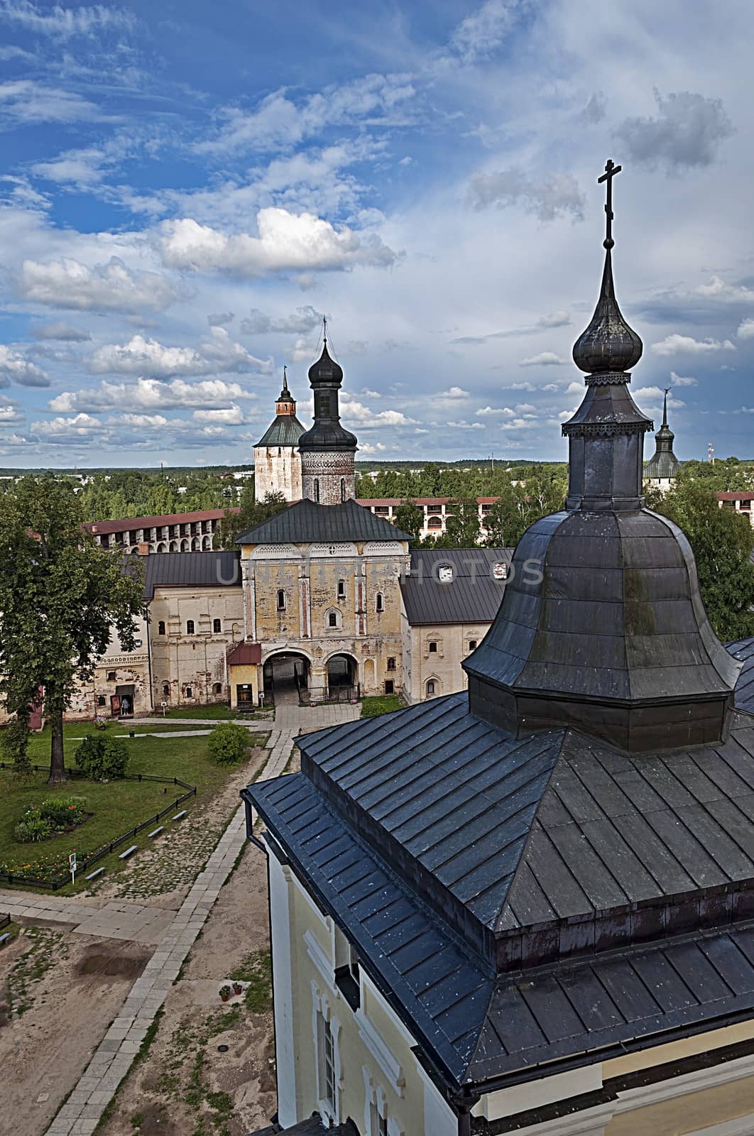 The inner courtyard of Kirillo-Belozersky (St. Cyril-Belozersky) Monastery. Holy Gates and Gate Church of St. John of the Ladder